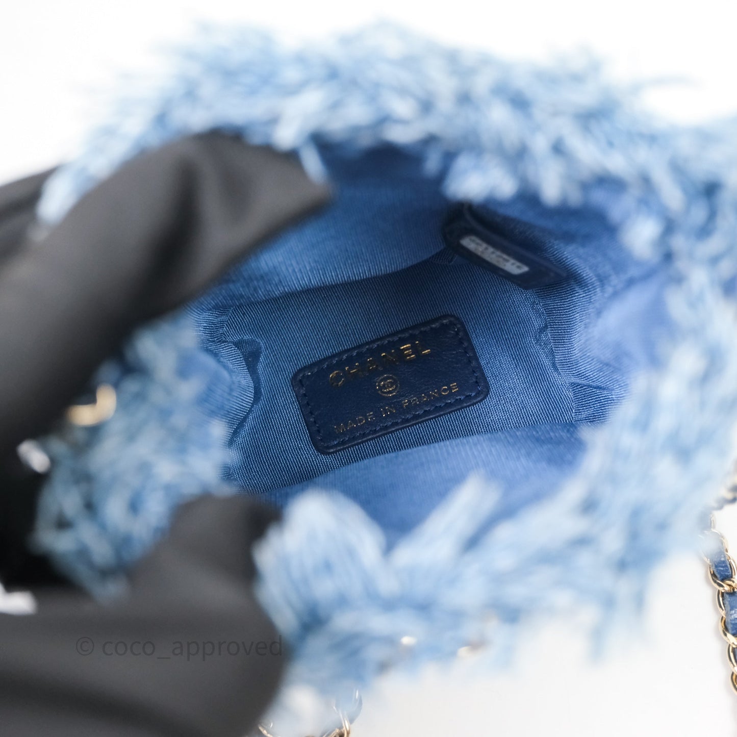Chanel Mood Denim Mini Bucket Bag with Chain Blue Gold Hardware