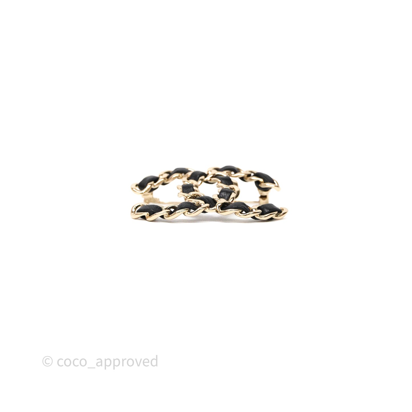 Chanel CC Braided Black Leather Brooch Gold Tone 22V