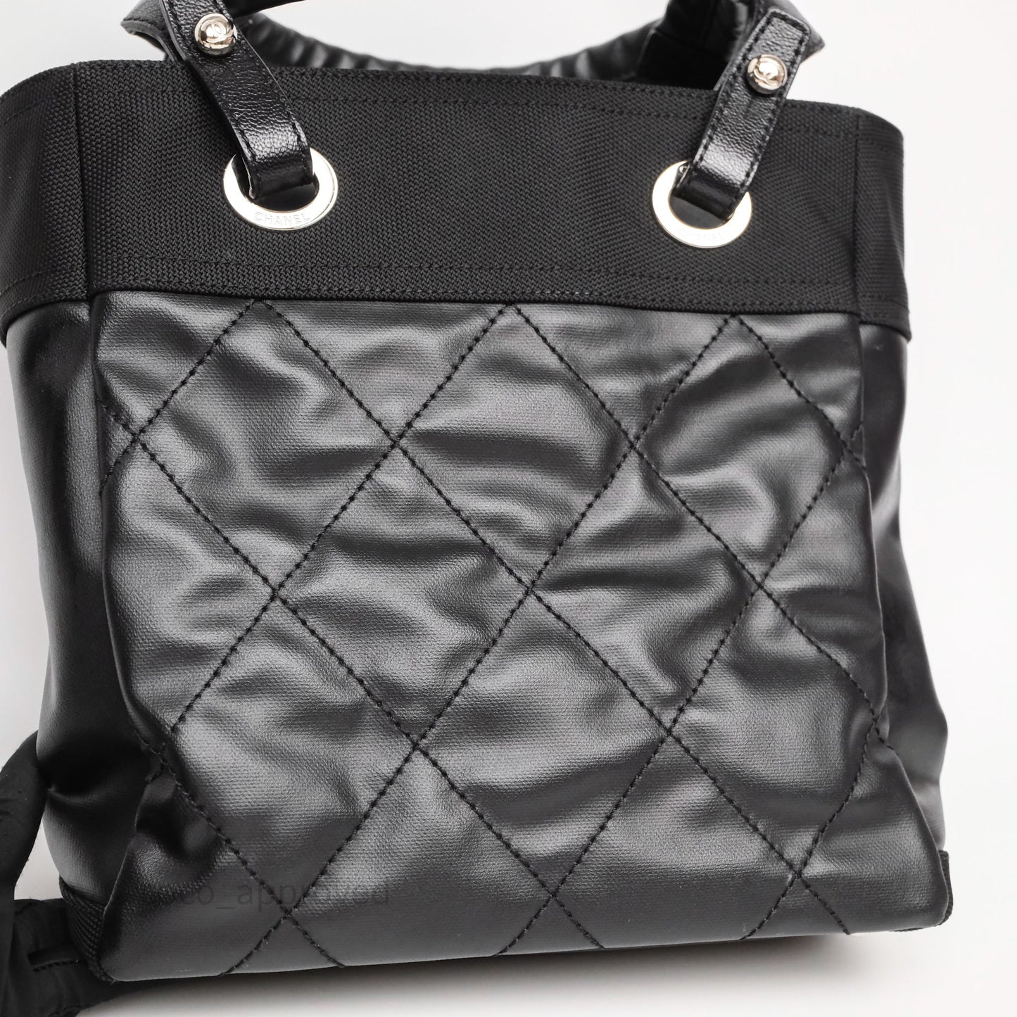Chanel Quilted Paris Biarritz Tote PM Black Coated Canvas
