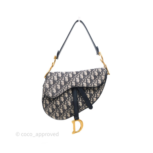 Christian Dior Saddle Bag Navy Dior Oblique Embroidery Gold Hardware