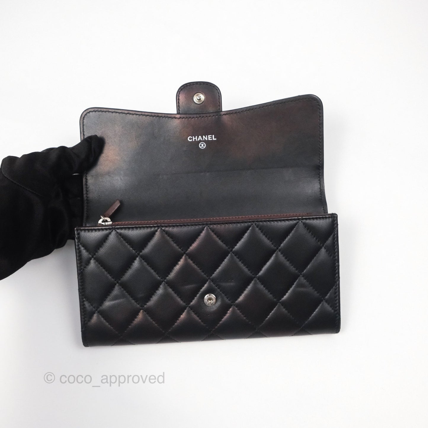 Chanel Quilted Classic Zip Long Wallet Black Lambskin Silver Hardware
