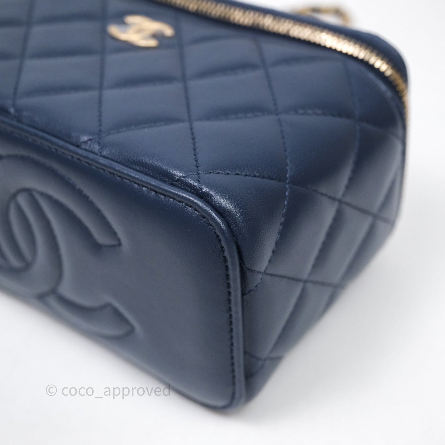 Chanel Vanity Rectangular Metal Top Handle Navy Lambskin Aged Gold Hardware