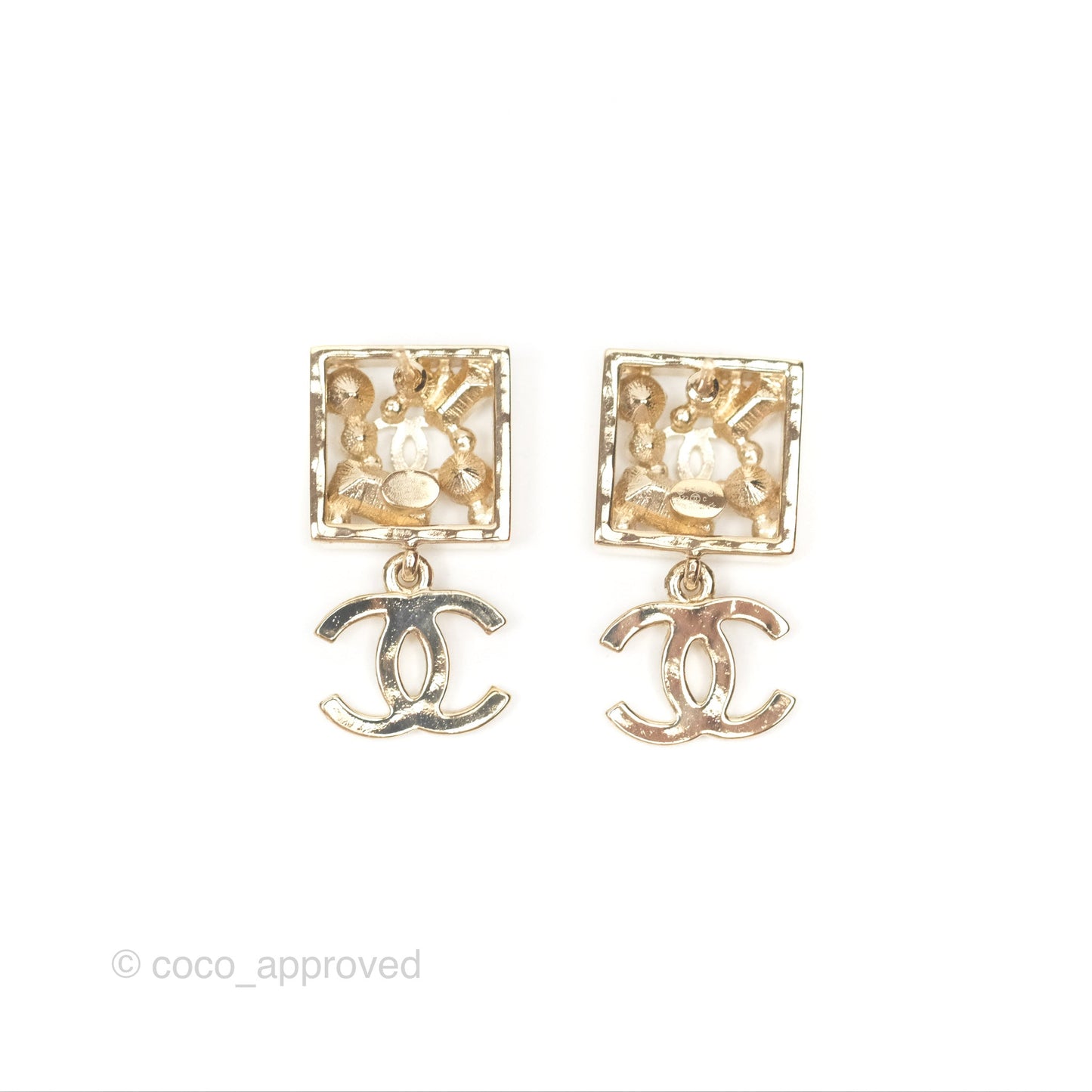 Chanel Square Crystal Pearl CC Drop Earrings Gold Tone 22C