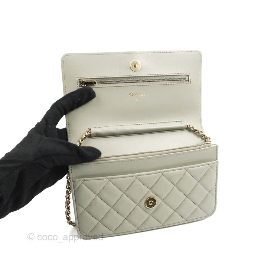 Chanel Quilted Classic Wallet on Chain WOC Light Grey Lambskin Gold Hardware