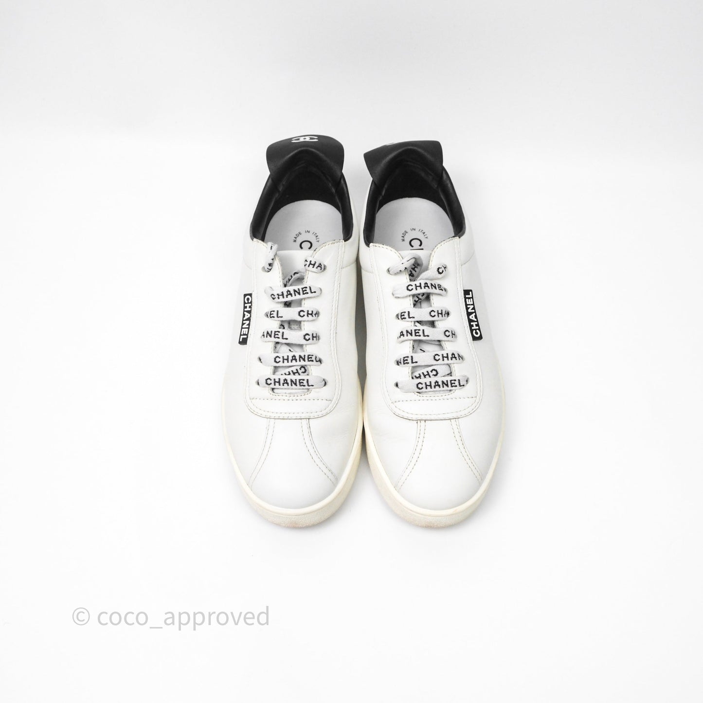 Chanel Logo Pull Tab Lace-up Sneakers White & Black Size 37.5