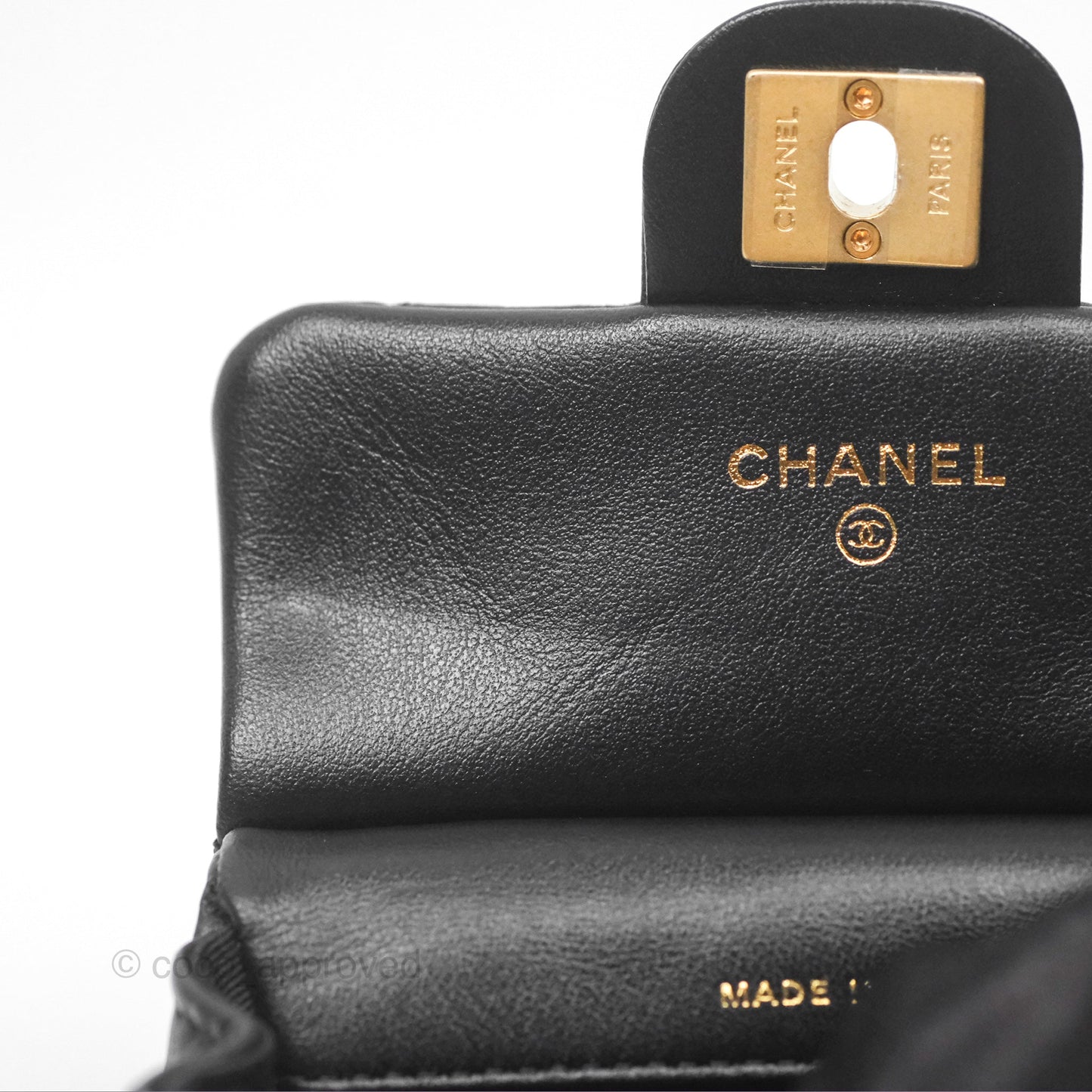 Chanel Lady Handle Flap Card Holder With Chain Black Calfskin Gold Hardware