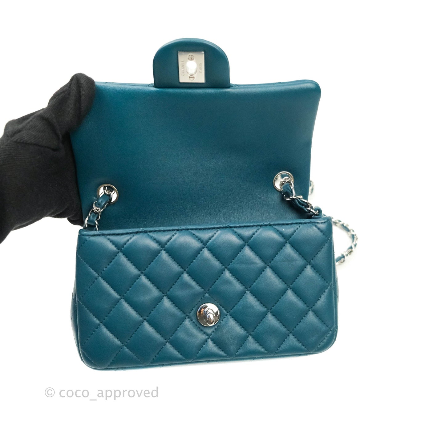 Chanel Quilted Mini Rectangular Lambskin Flap Bag Teal Silver Hardware