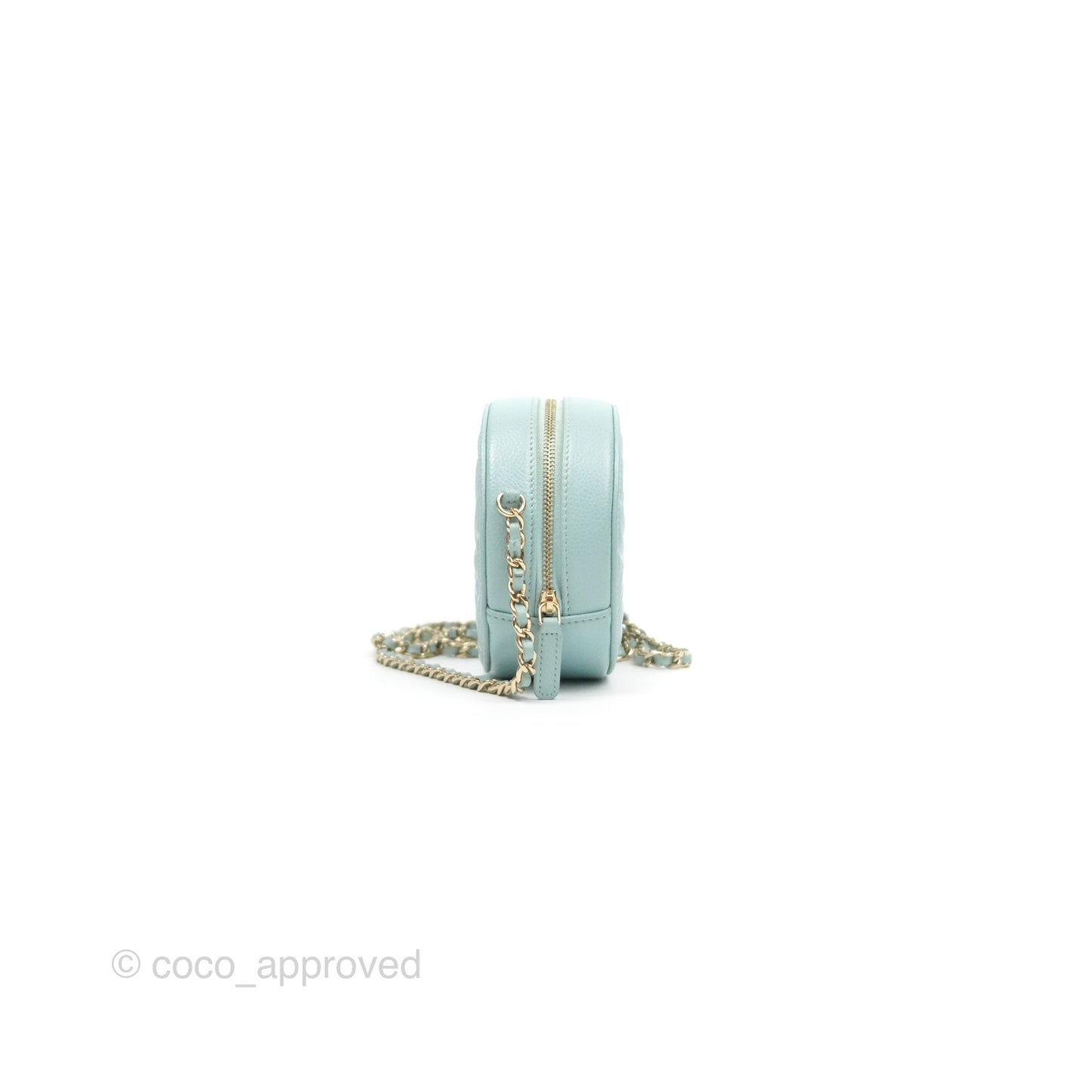 Chanel Camellia Embossed Round Clutch With Chain Light Tiffany Blue Caviar