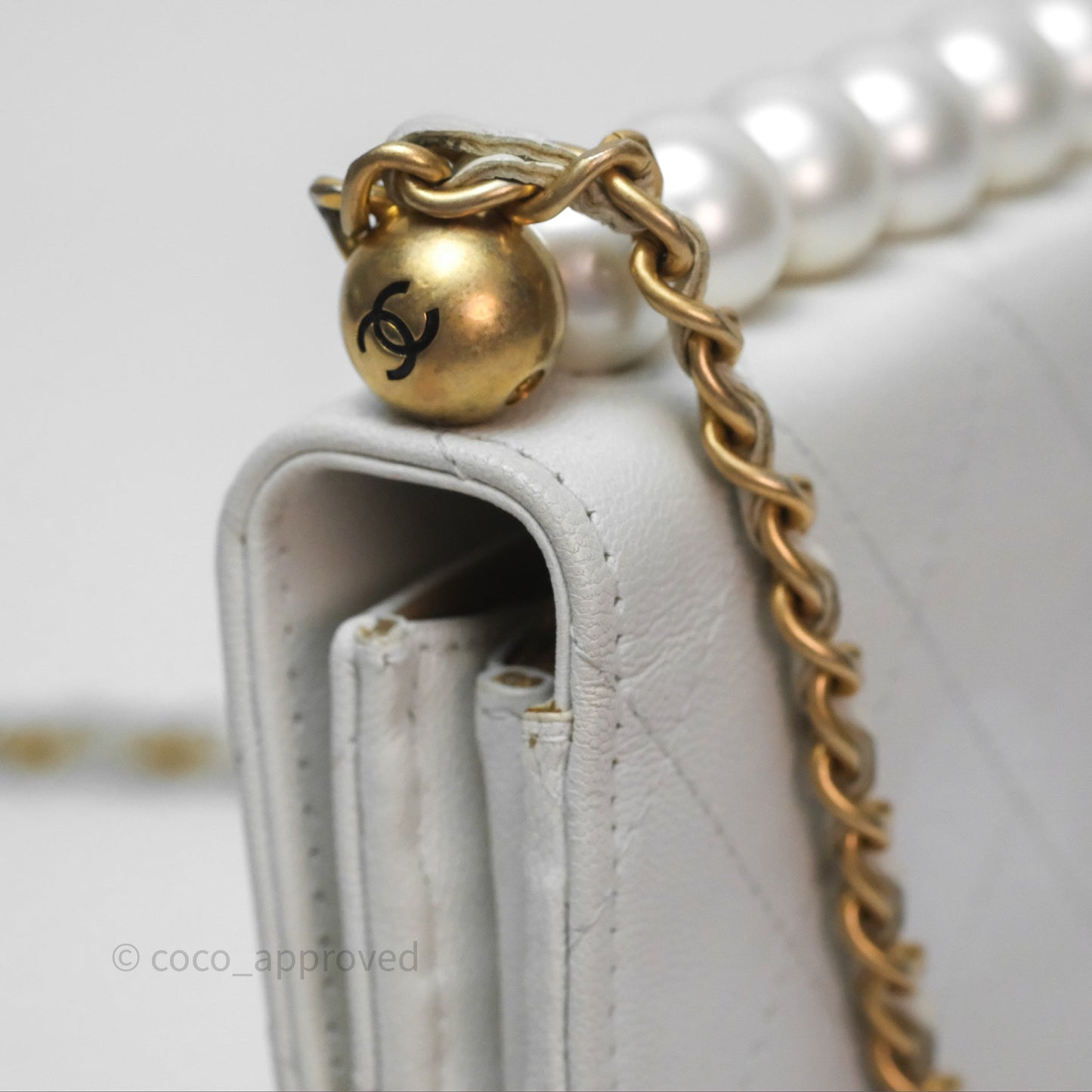 Chanel Quilted Mini Chic Pearls Flap Wallet On Chain WOC White Goatskin Aged Gold Hardware