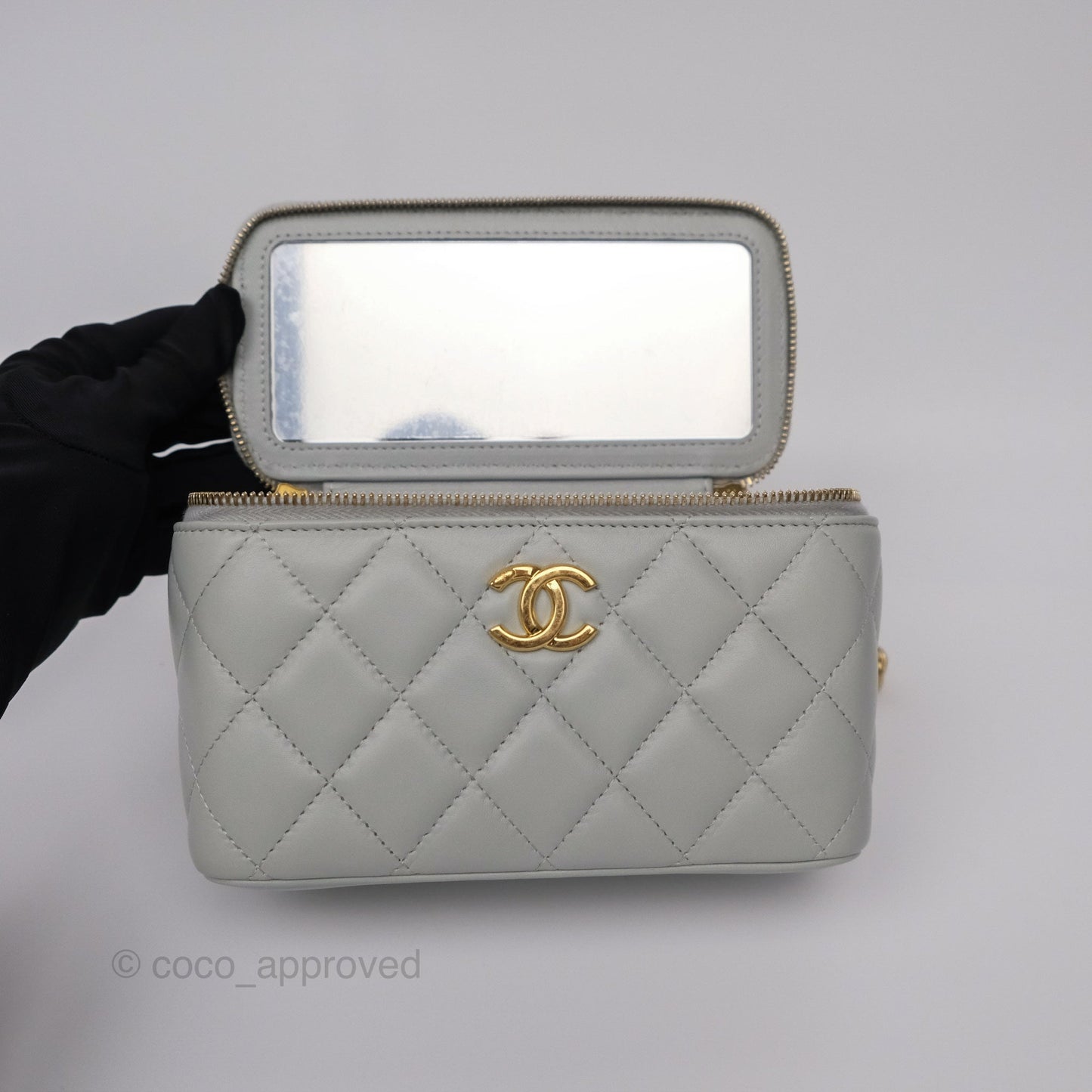 Chanel Quilted Vanity Rectangular with Chain Grey Blue Lambskin Gold Hardware