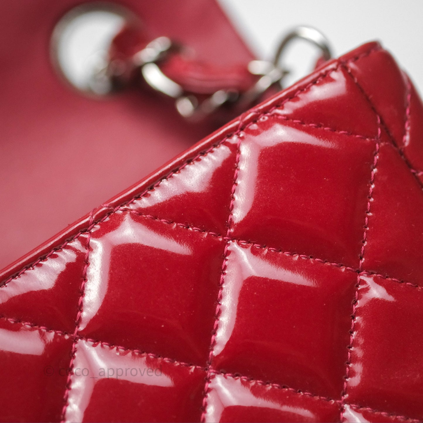 Chanel Quilted Mini Rectangular Flap Red Patent Silver Hardware