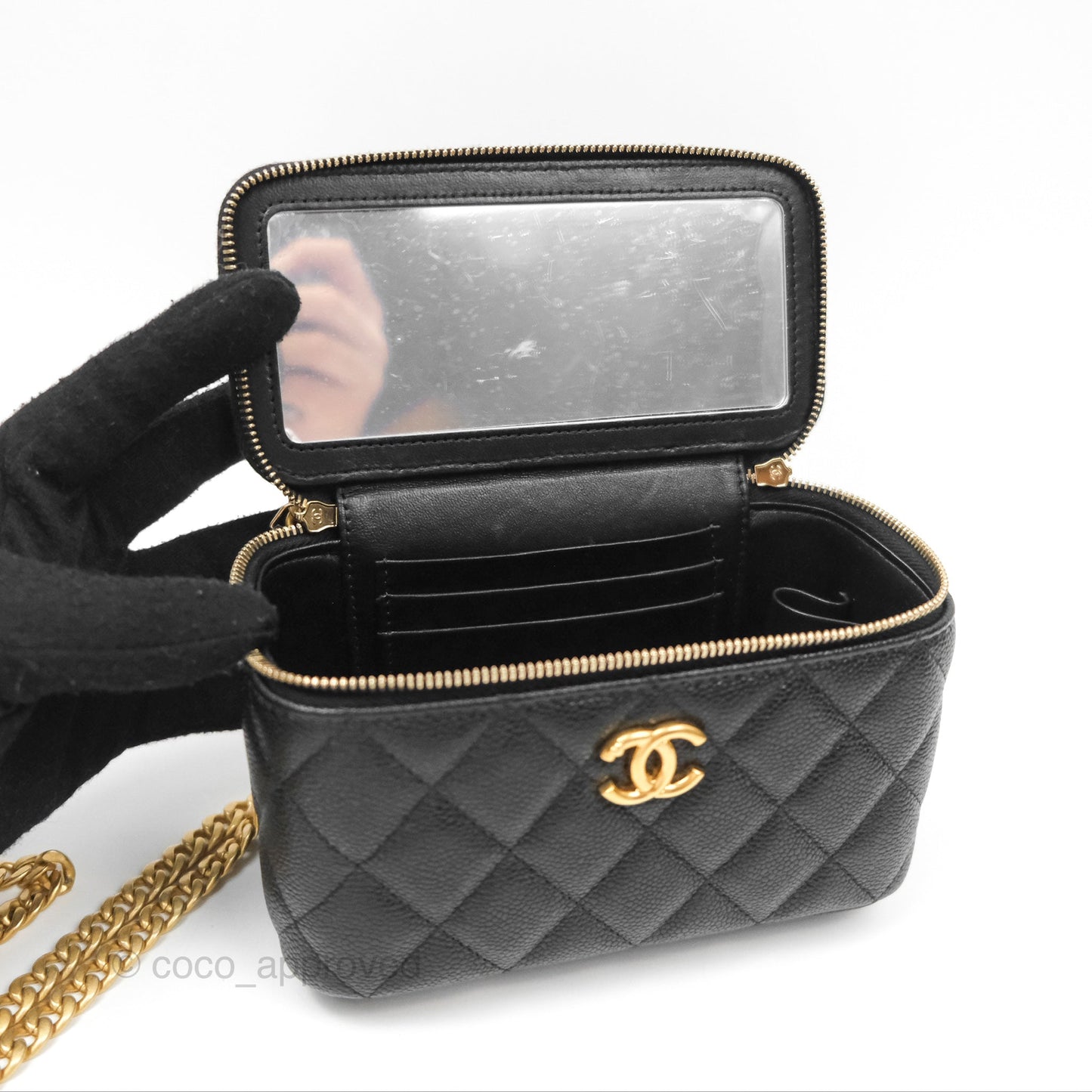 Chanel Vanity with Heart Adjustable Chain Black Caviar Aged Gold Hardware