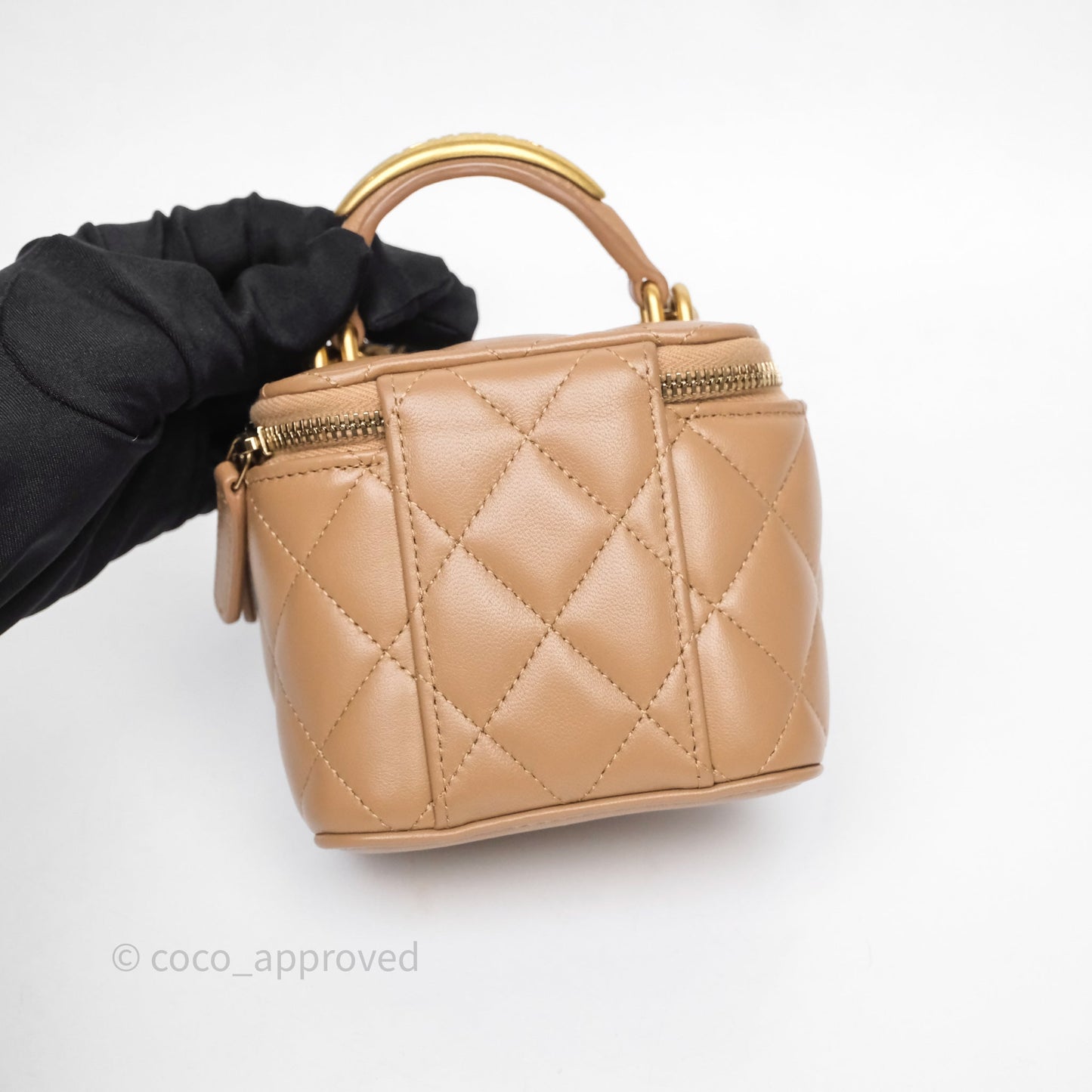 Chanel Mini Metal Top Handle Vanity With Chain Dark Beige Lambskin Aged Gold Hardware