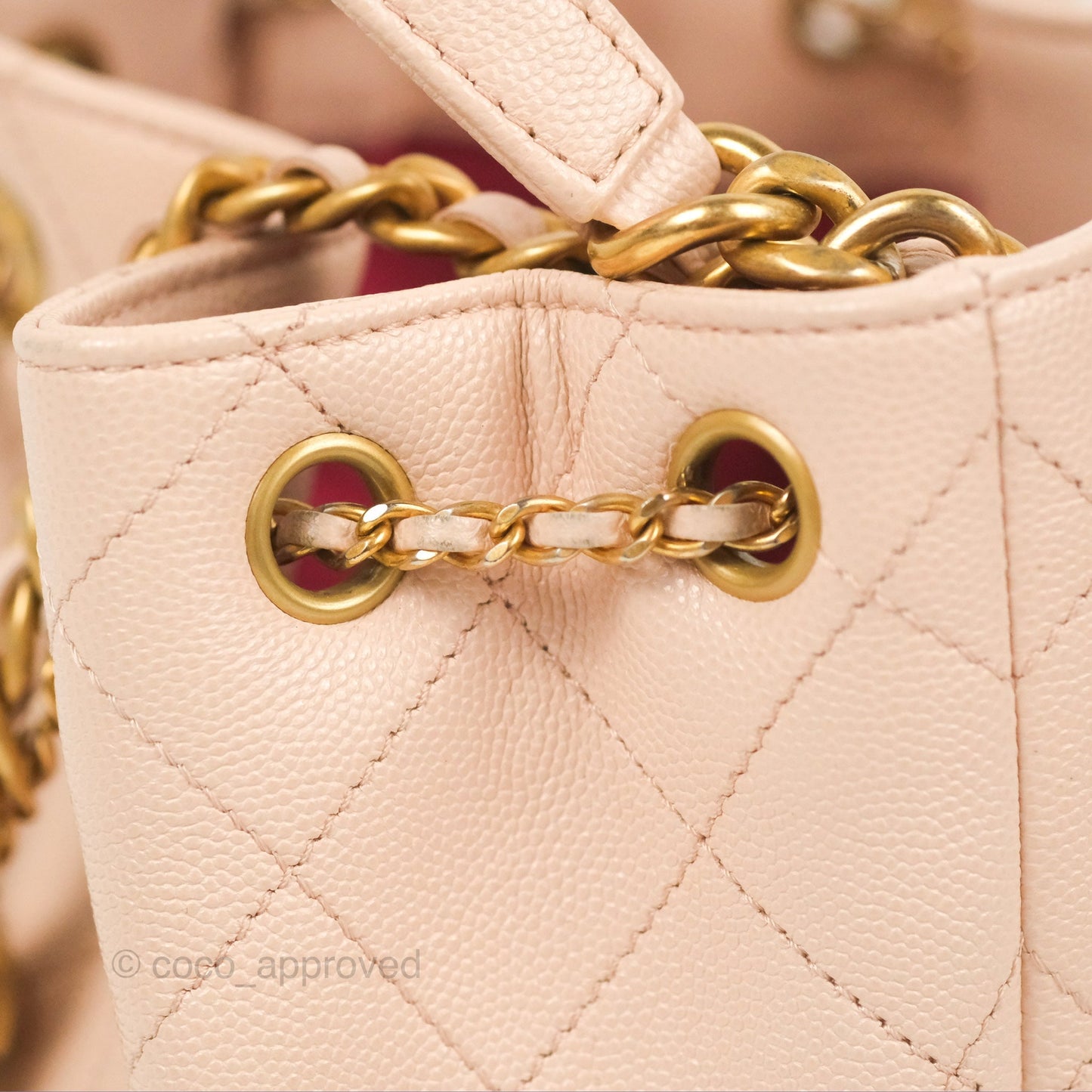 Chanel Quilted Top Handle Drawstring Bucket Bag Pink Caviar Aged Gold Hardware