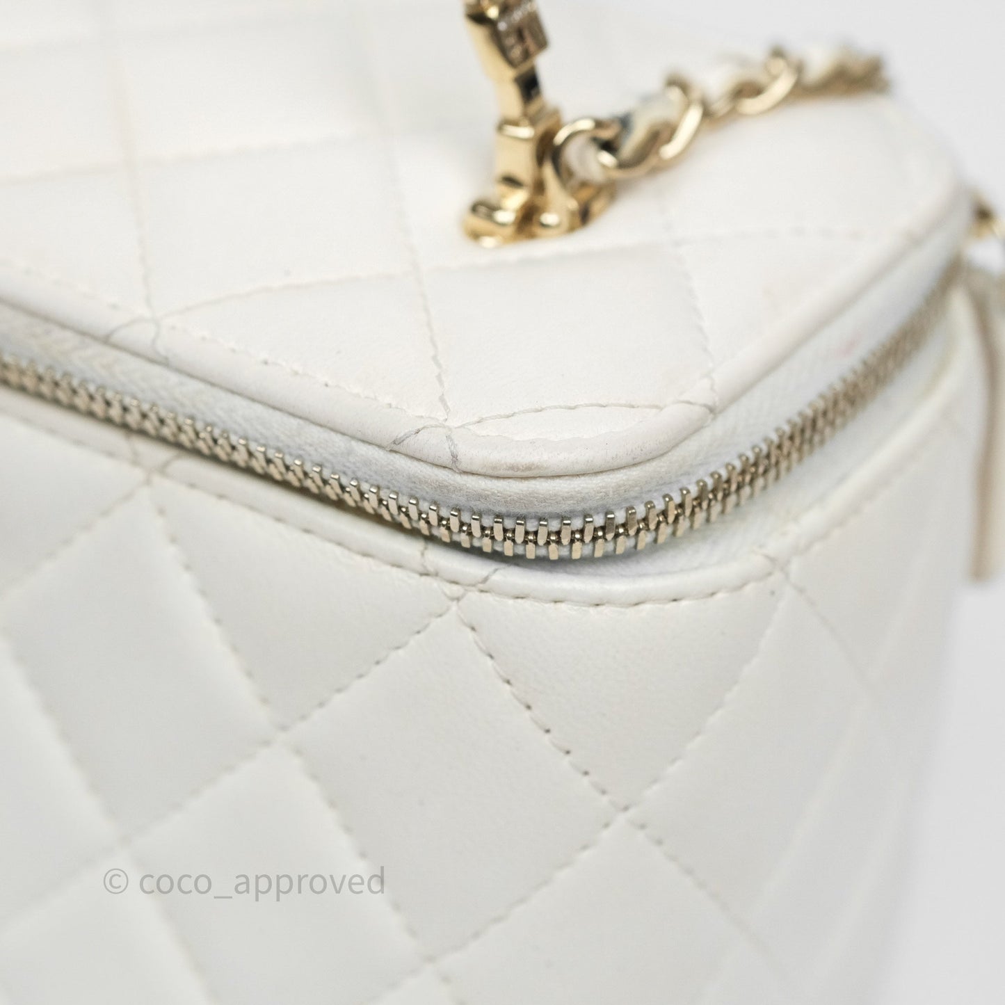 Chanel Logo Crystals Top Handle Vanity Rectangular White Lambskin Gold Hardware