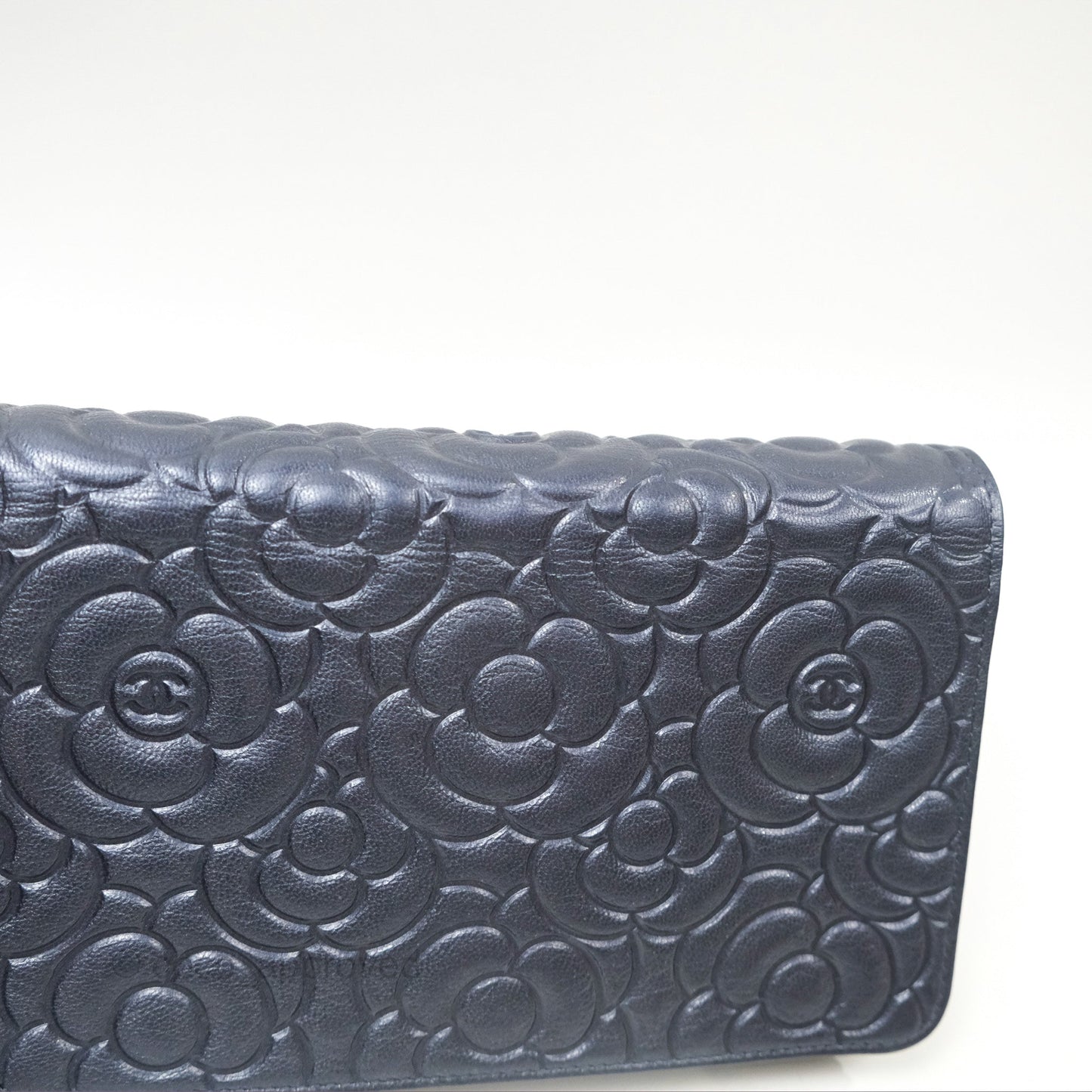 Chanel Camellia Wallet on Chain WOC Iridescent Navy Calfskin Silver Hardware