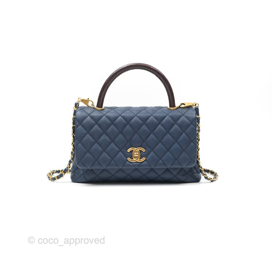 Chanel Medium Coco Handle Quilted Navy Caviar Lizard Handle Aged Gold Hardware