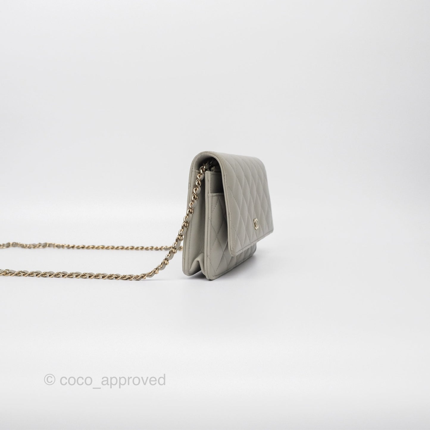 Chanel Classic Quilted Wallet on Chain WOC Light Grey Lambskin Gold Hardware