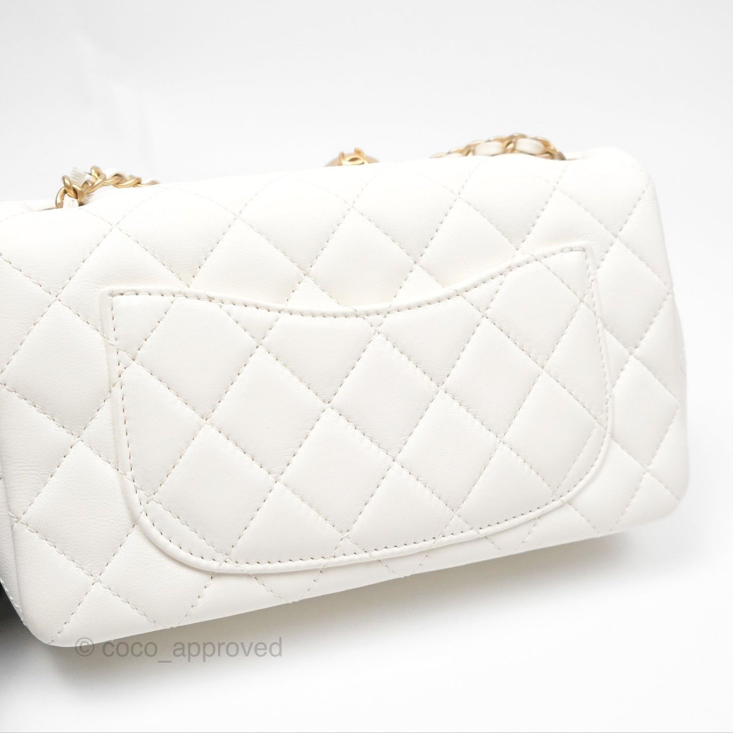Chanel Mini Rectangular Pearl Crush Quilted White Lambskin Aged Gold Hardware
