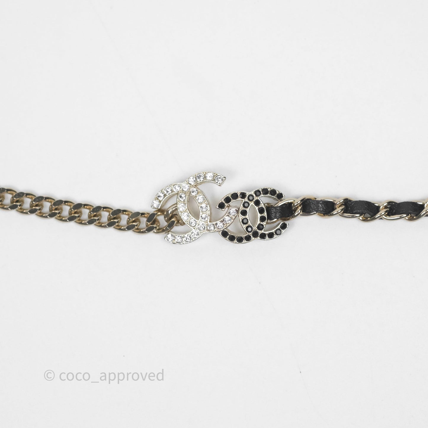 Chanel Crystal CC Black Leather Chain Choker Gold Tone 24V