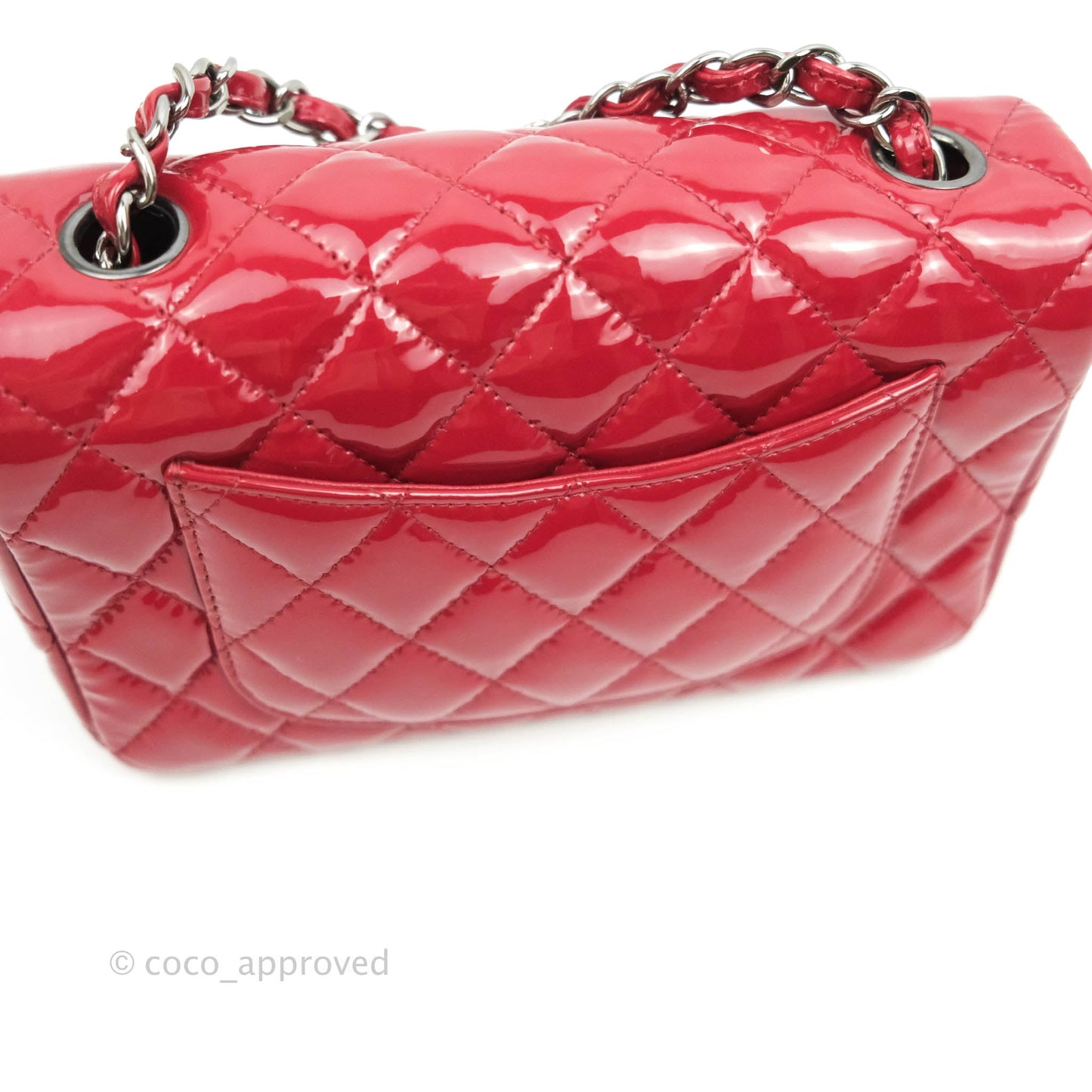 Chanel Quilted Mini Rectangular Flap Red Patent Gun Metal