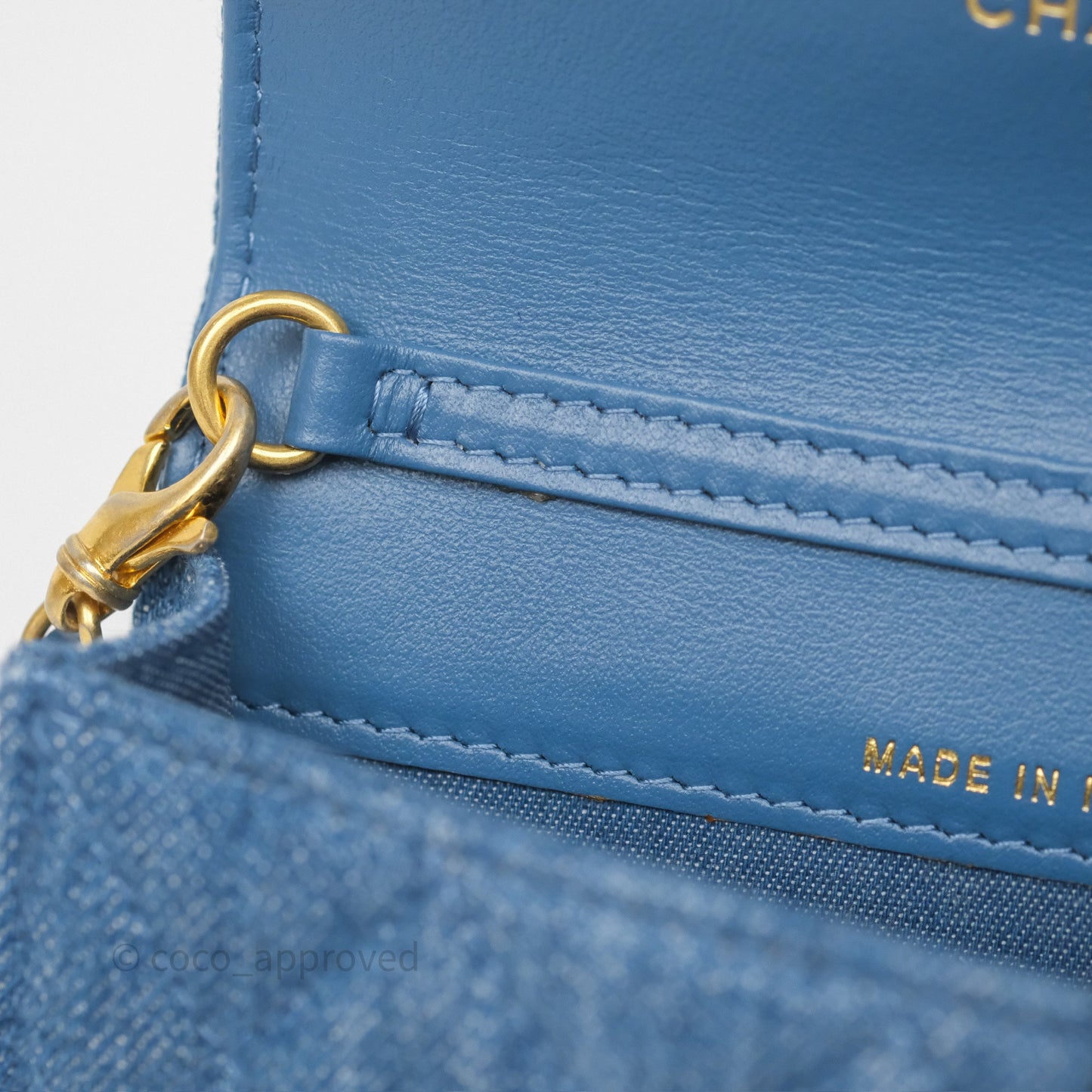 Chanel Mini Pearl Crush Clutch With Chain Belt Bag Denim Aged Gold Hardware