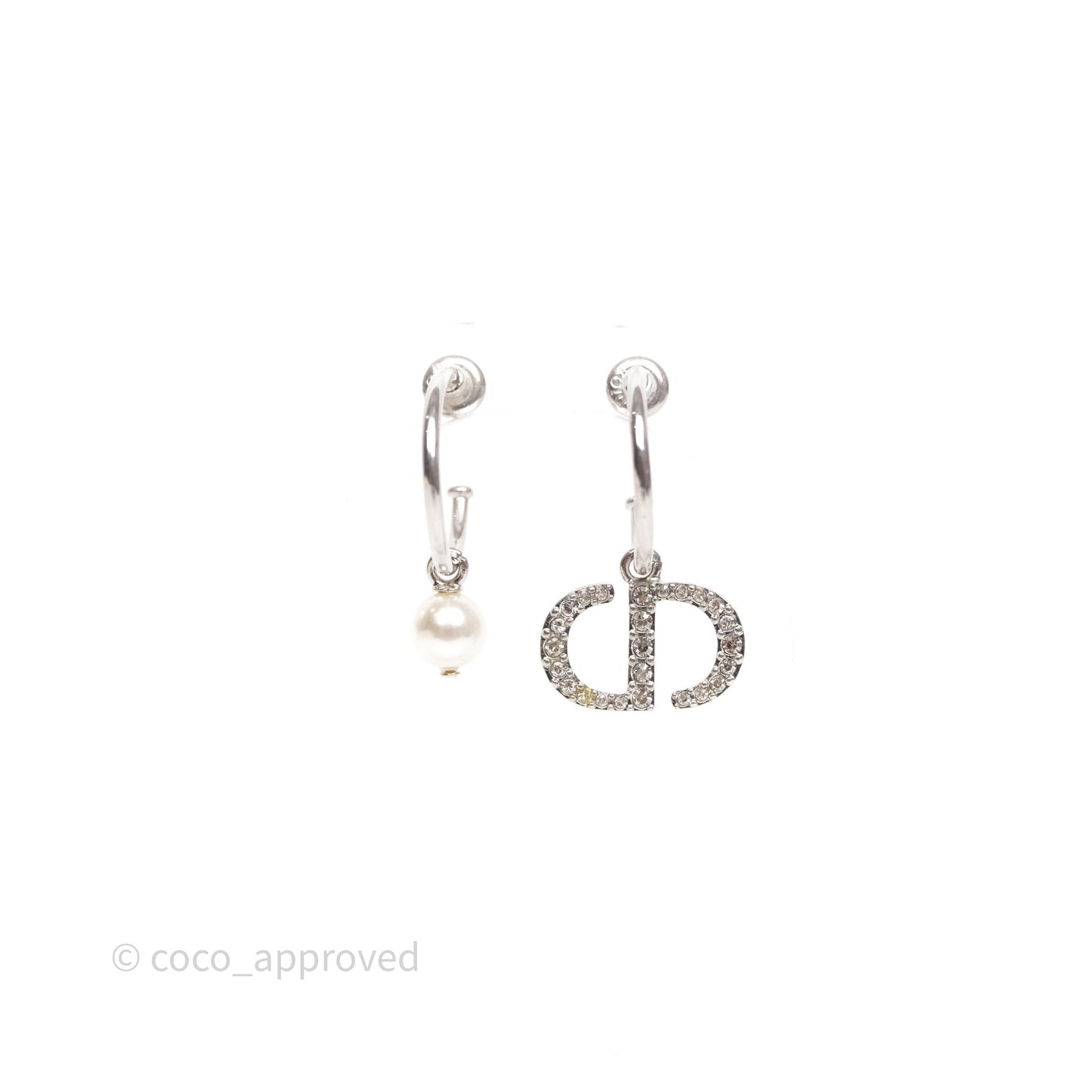 Christian Dior Crystal Pearl Drop Petit CD Earrings Silver Tone