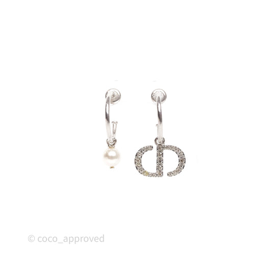 Christian Dior Crystal Pearl Drop Petit CD Earrings Silver Tone