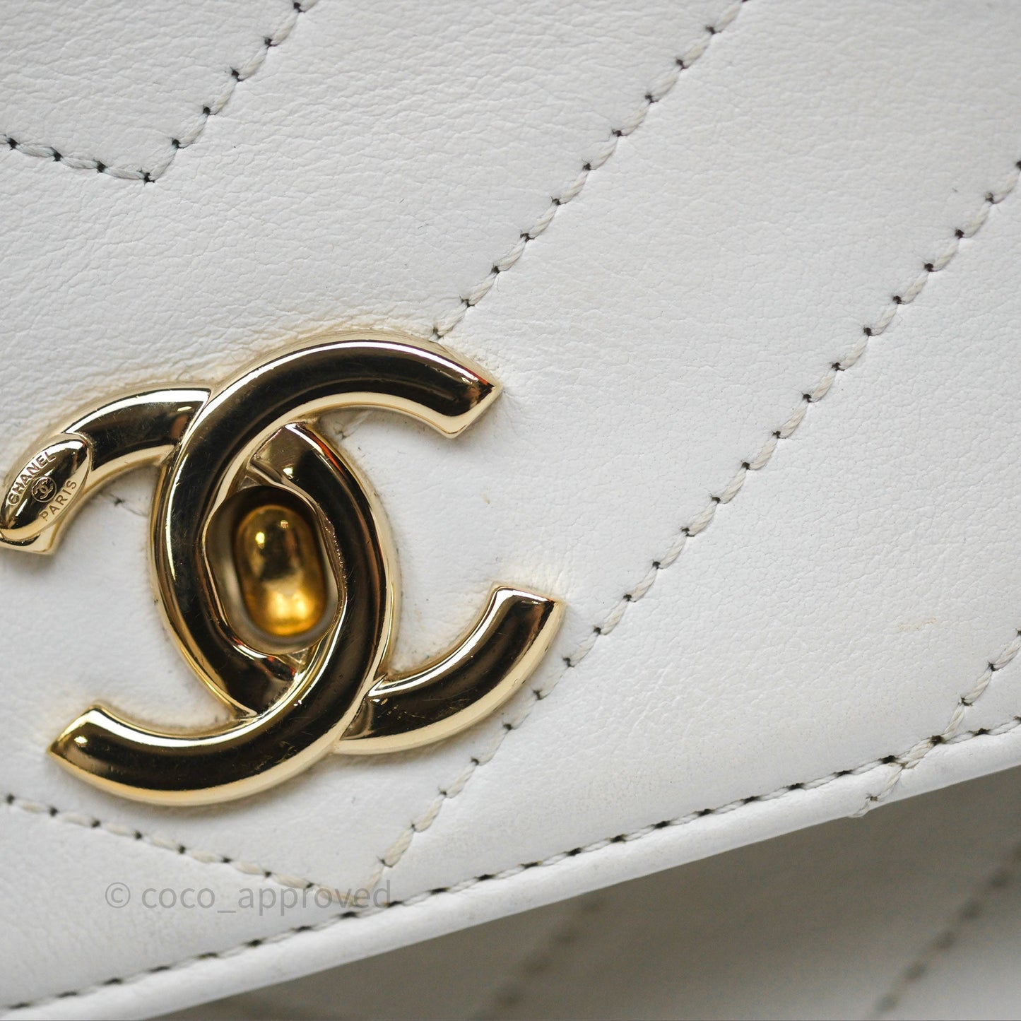 Chanel Small Chevron Chic Top Handle Flap White Calfskin Gold Hardware