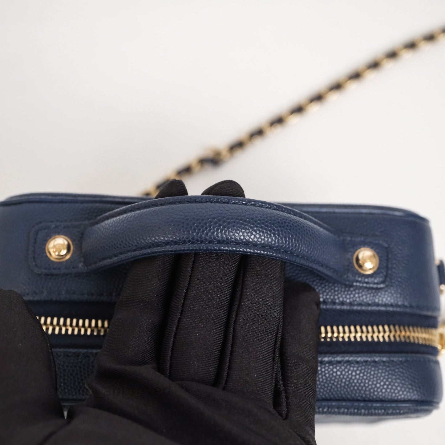 Chanel Quilted Small CC Filigree Vanity Case Navy Caviar Gold Hardware