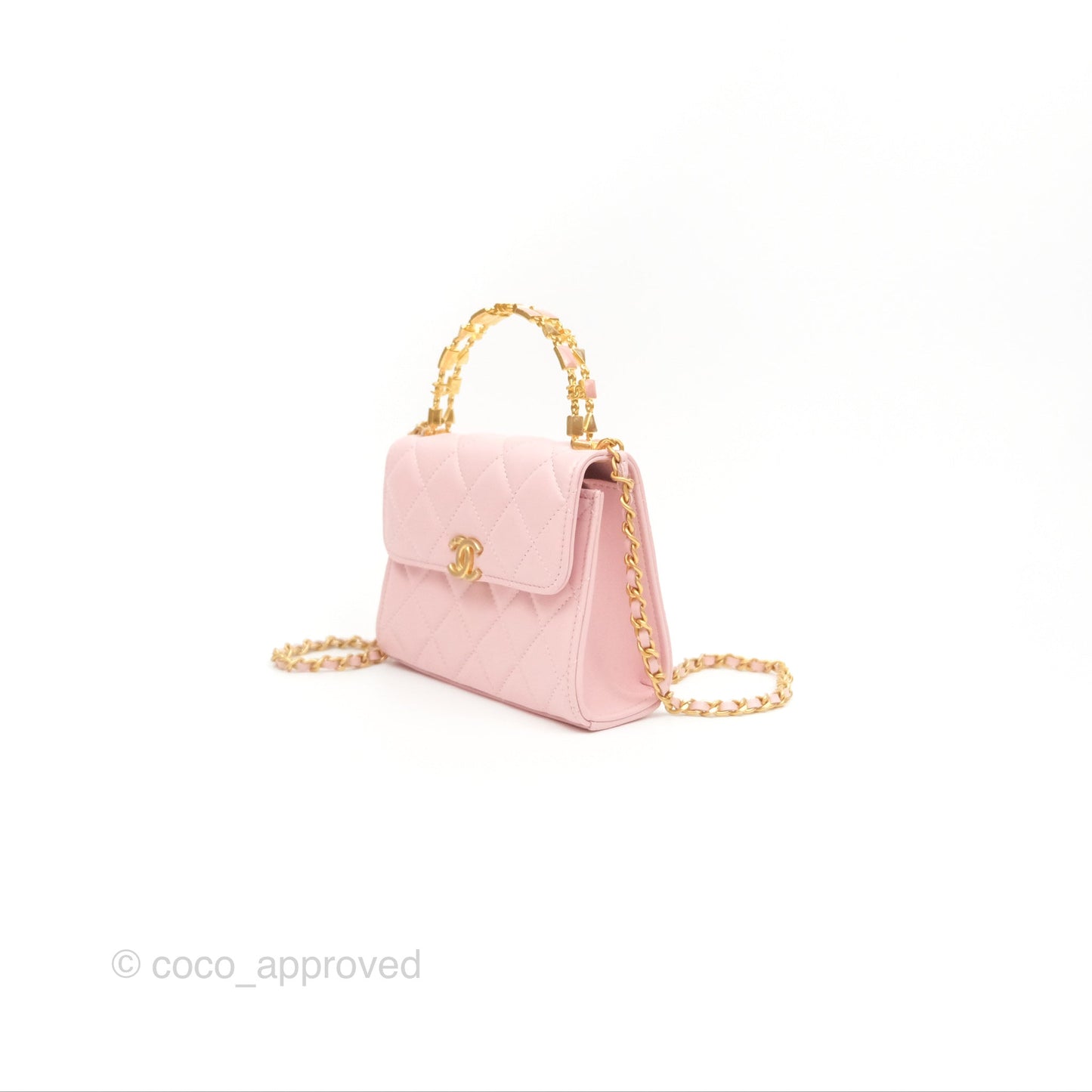 Chanel Enamel Top Handle Clutch with Chain Pink Lambskin Aged Gold Hardware 22B