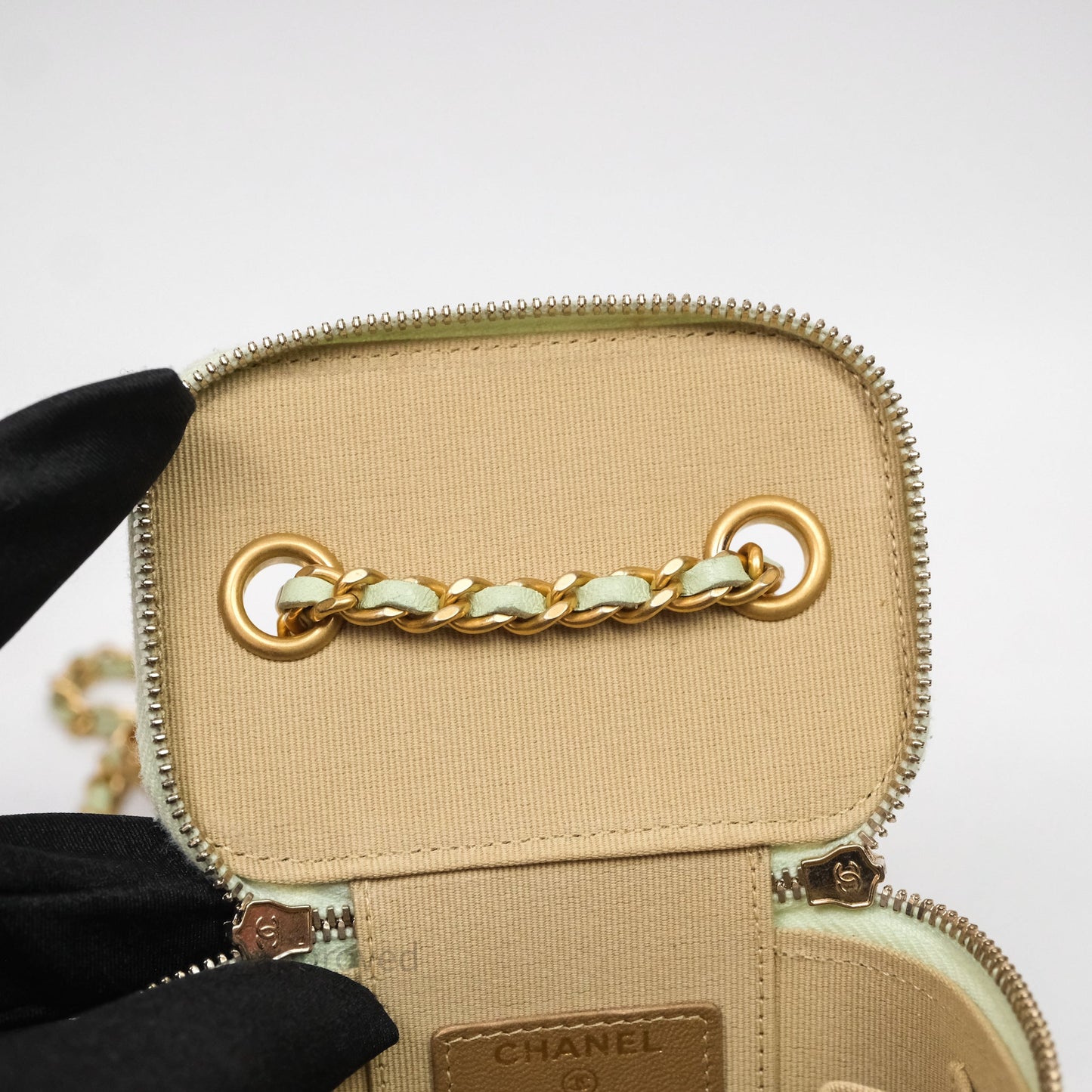 Chanel Mini Pearl Crush Vanity With Chain Green Aged Gold Hardware