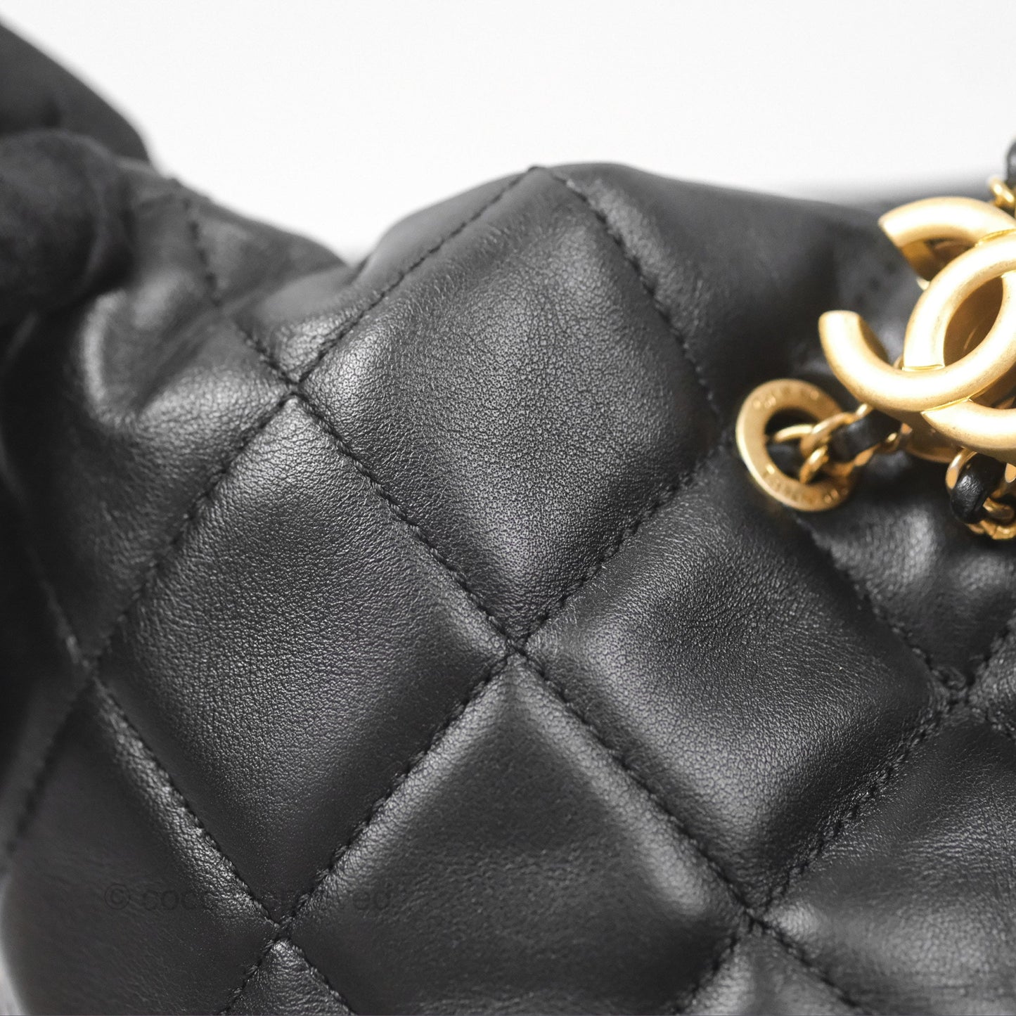 Chanel Quilted My Perfect with Pearl Drawstring Bucket Bag Black Lambskin Aged Gold Hardware