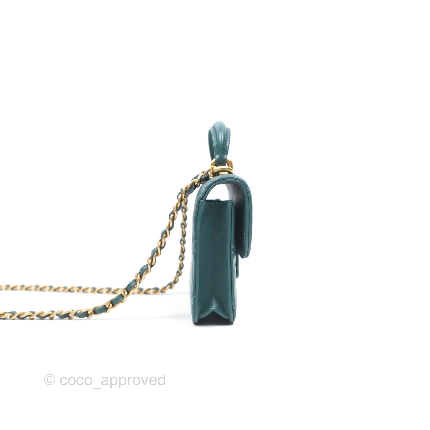 Chanel Mini Handle Clutch With Chain Green Lambskin Aged Gold Hardware