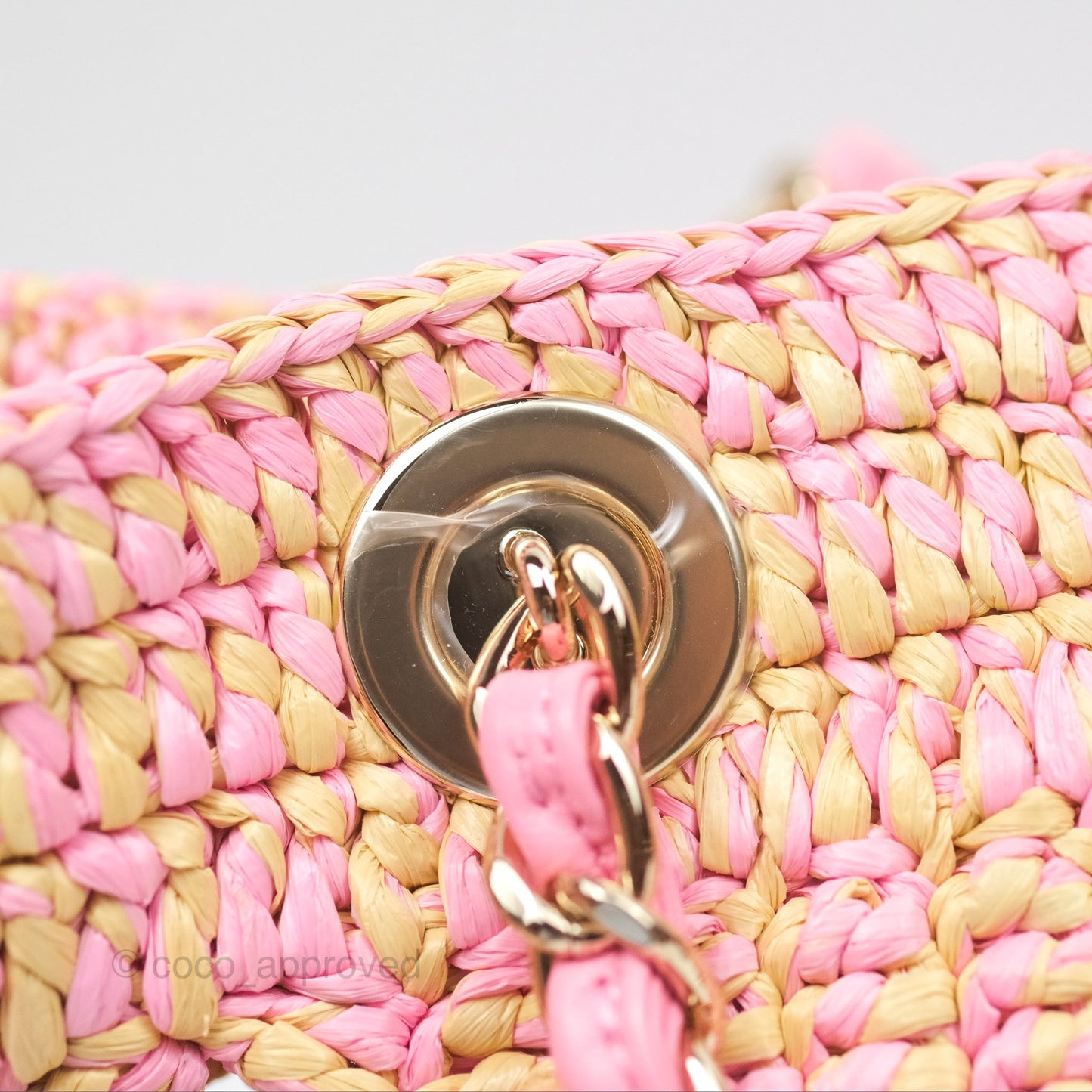 Chanel Coco Beach Bag Raffia Effect Braided Pink Beige Gold Hardware 24A