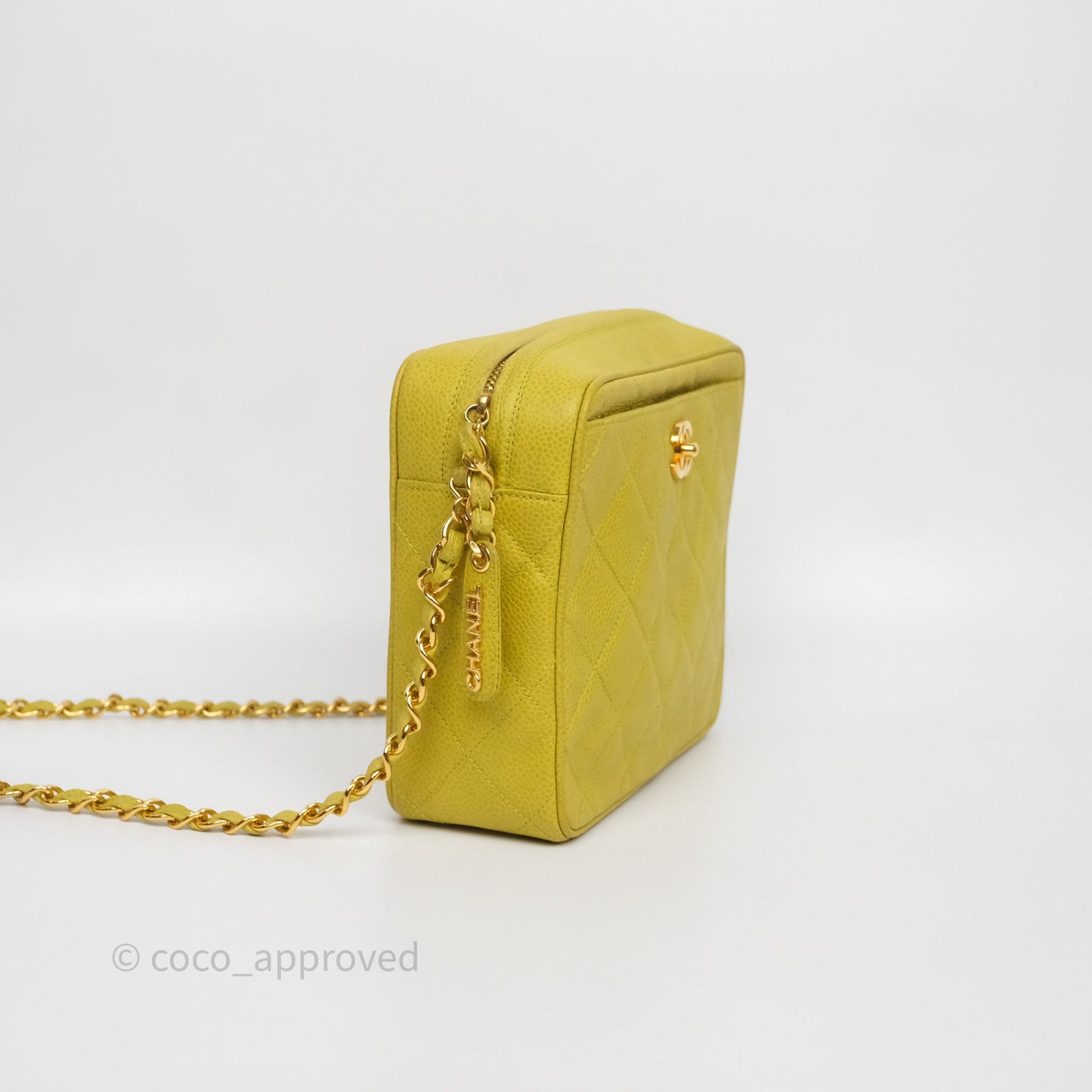 Chanel Vintage Quilted Camera Bag Green Yellow Caviar Gold Hardware