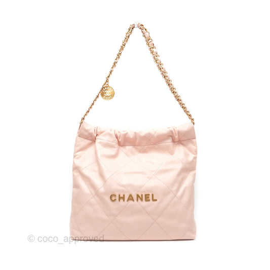 Chanel 22 Small Quilted Pink Shiny Crumpled Calfskin Aged Gold Hardware