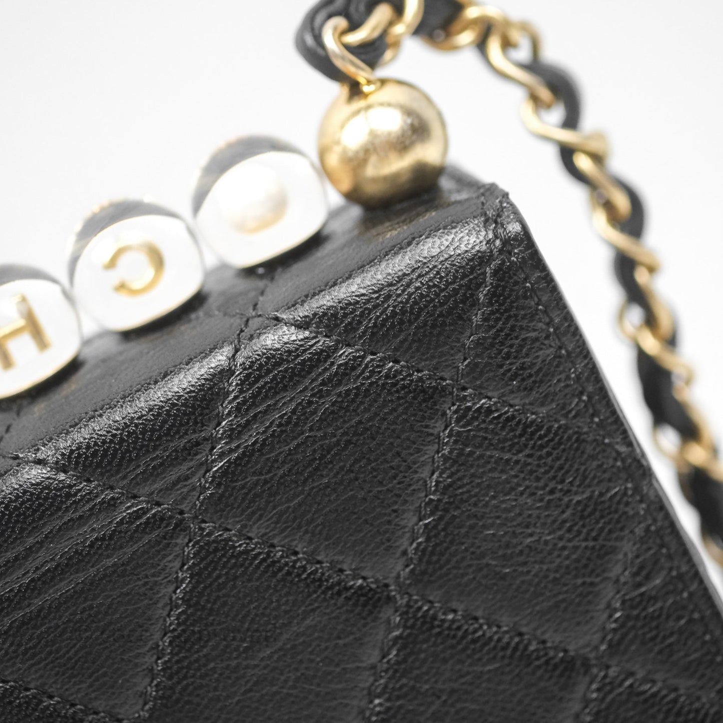Chanel Quilted Chic Logo Pearls Flap Black Goatskin Aged Gold Hardware