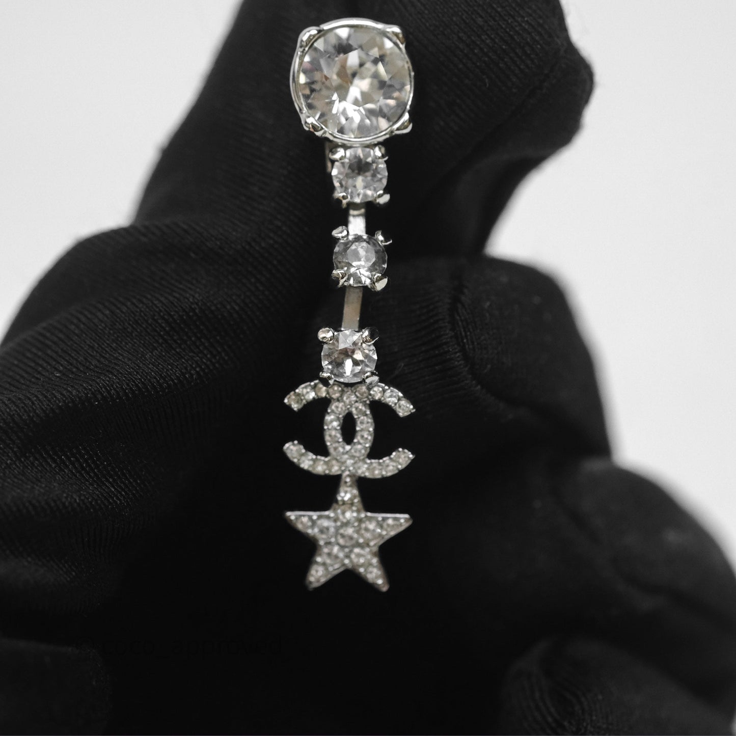 Chanel Crystal CC Star Drop Earrings Sliver Tone 20P