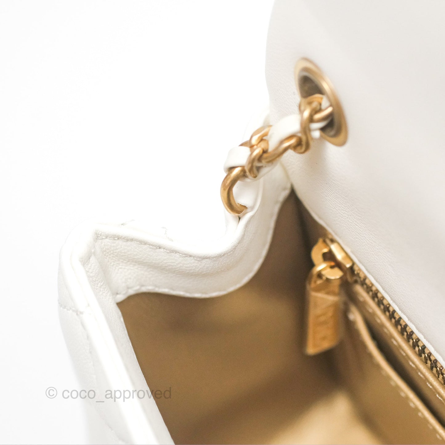 Chanel Mini Rectangular Pearl Crush Quilted White Lambskin Aged Gold Hardware