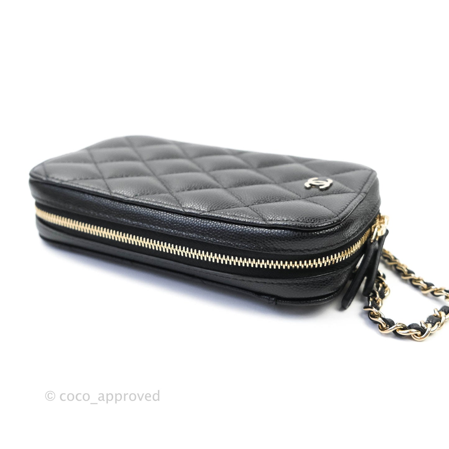 Chanel Quilted Classic Clutch With Chain Black Caviar Light Gold Hardware