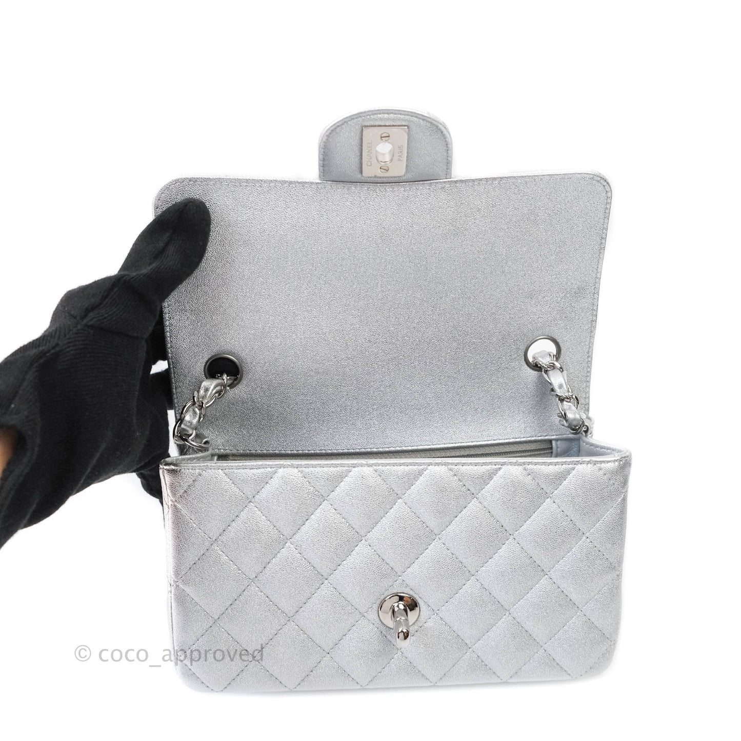 Chanel Quilted Mini Rectangular Flap Metallic Silver Lambskin Silver Hardware