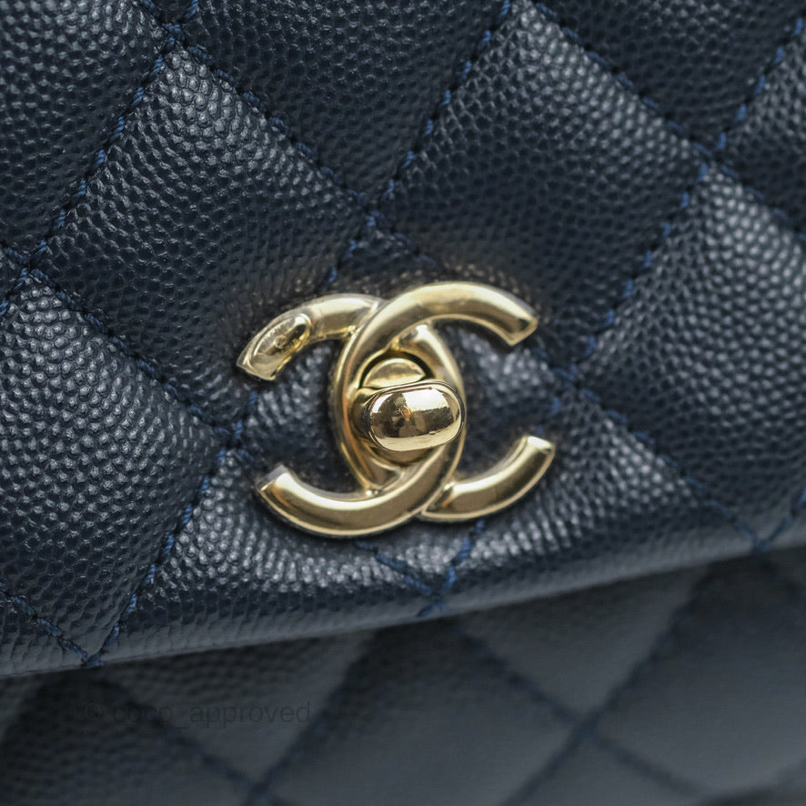 Chanel Mini Coco Handle Quilted Navy Caviar Gold Hardware Lizard Embossed Handle