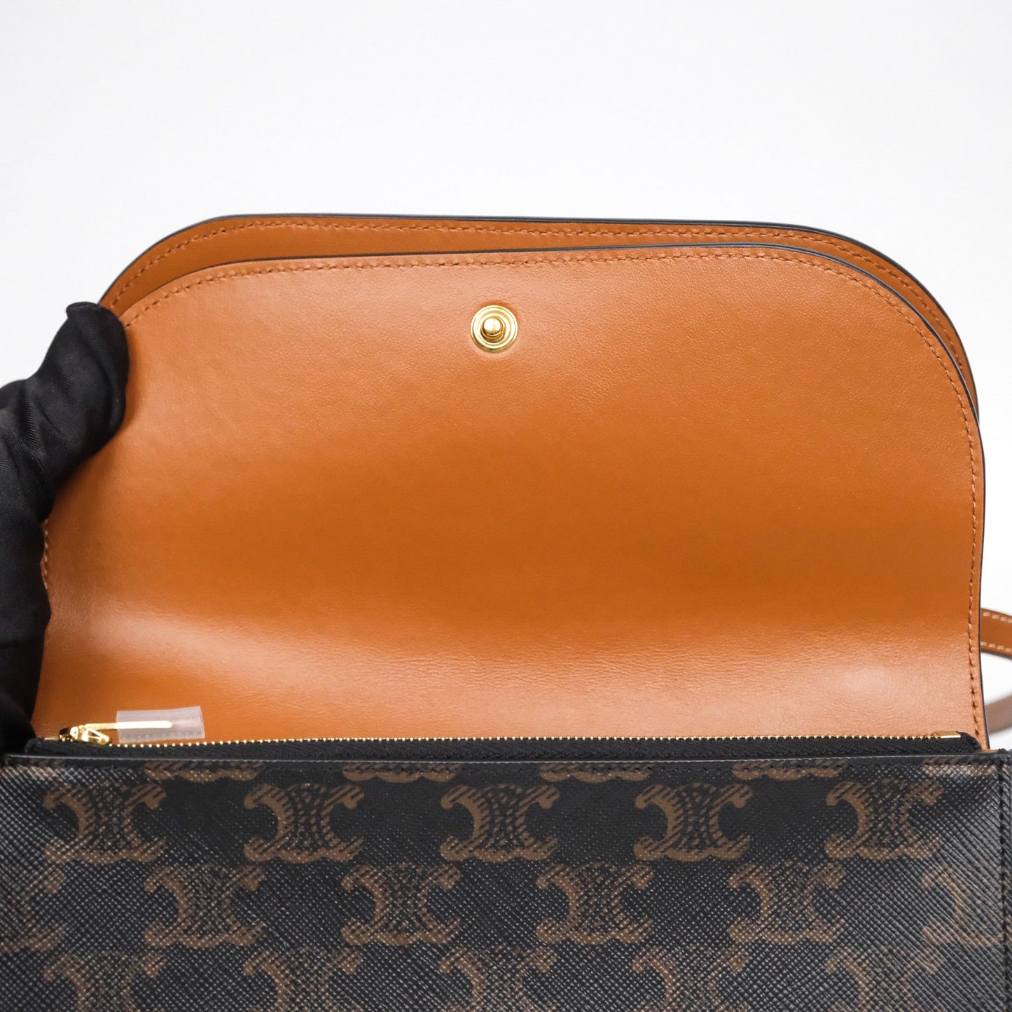 Celine Wallet On Strap Triomphe Canvas Tan Lambskin