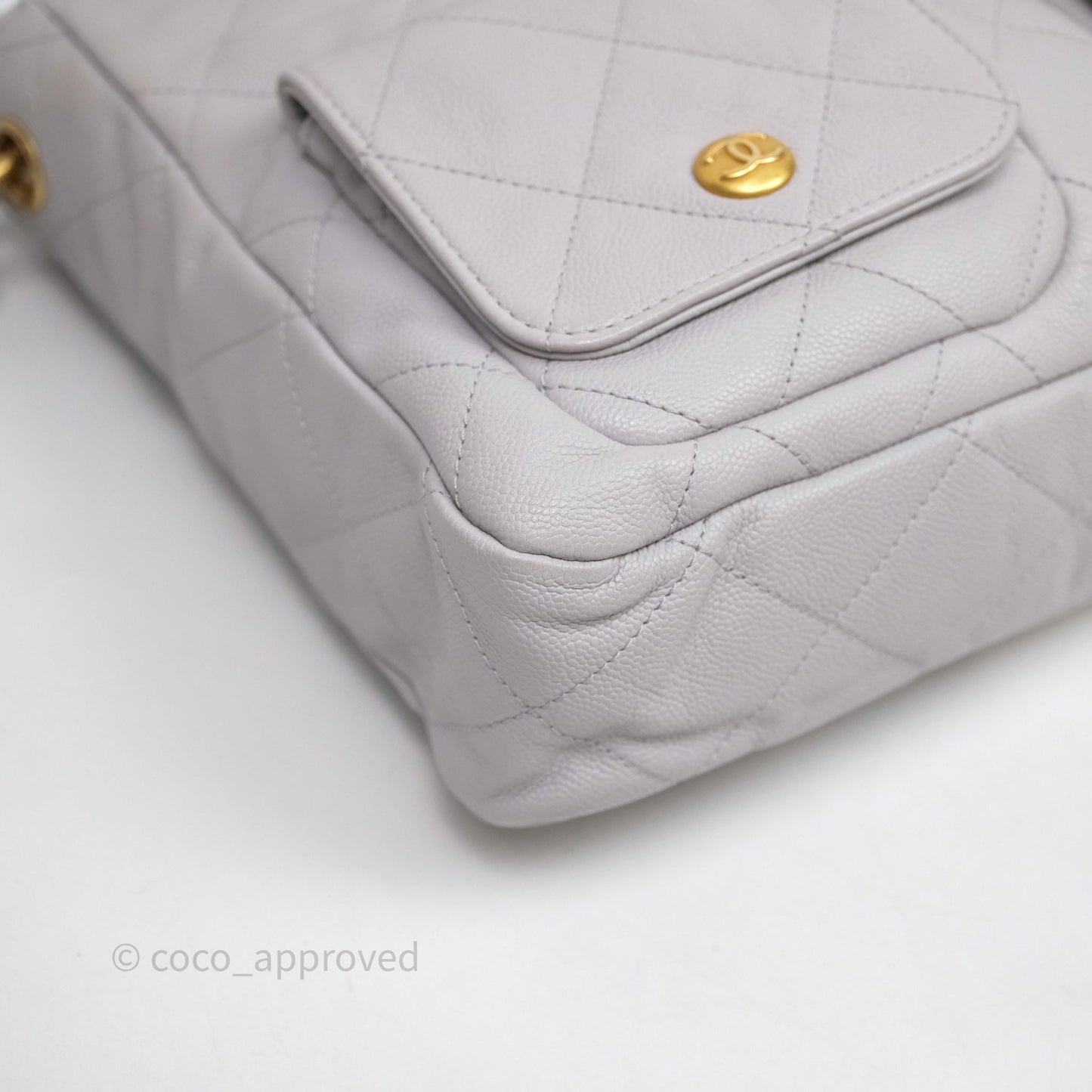 Chanel Double Pocket Hobo Bag Grey Caviar Aged Gold Hardware