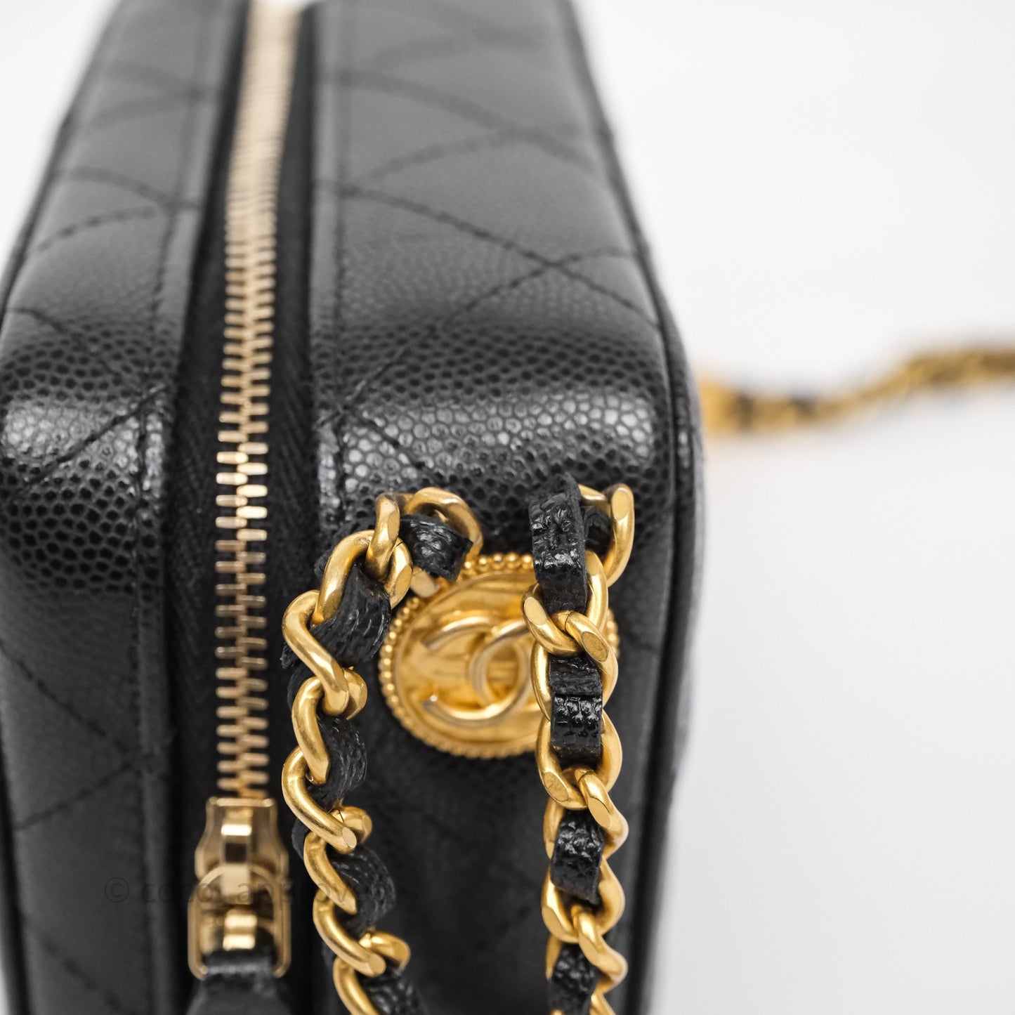 Chanel Quilted CC Coins Purse Chain Camera Case Black Caviar Aged Gold Hardware
