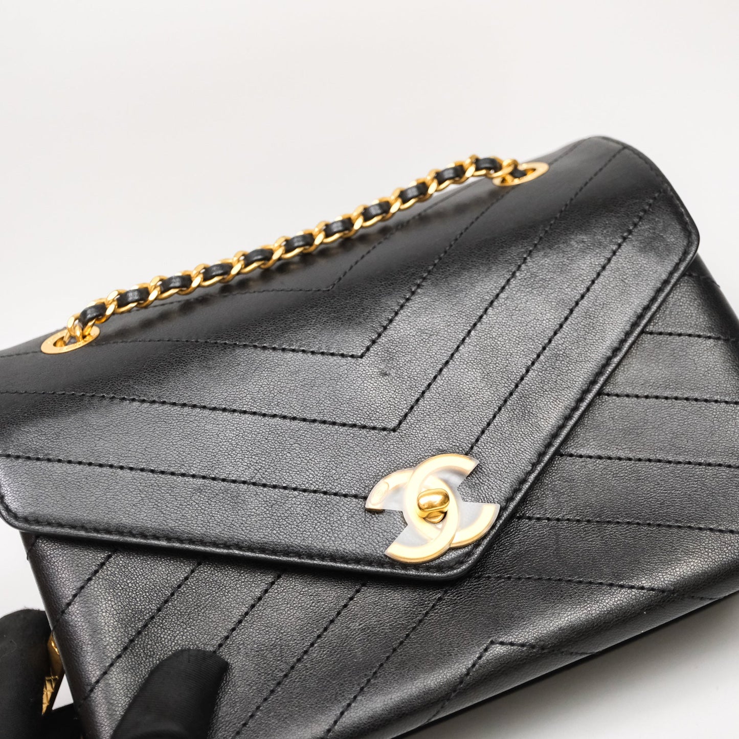 Chanel Chevron Flap Bag Black Calfskin Aged Gold Hardware