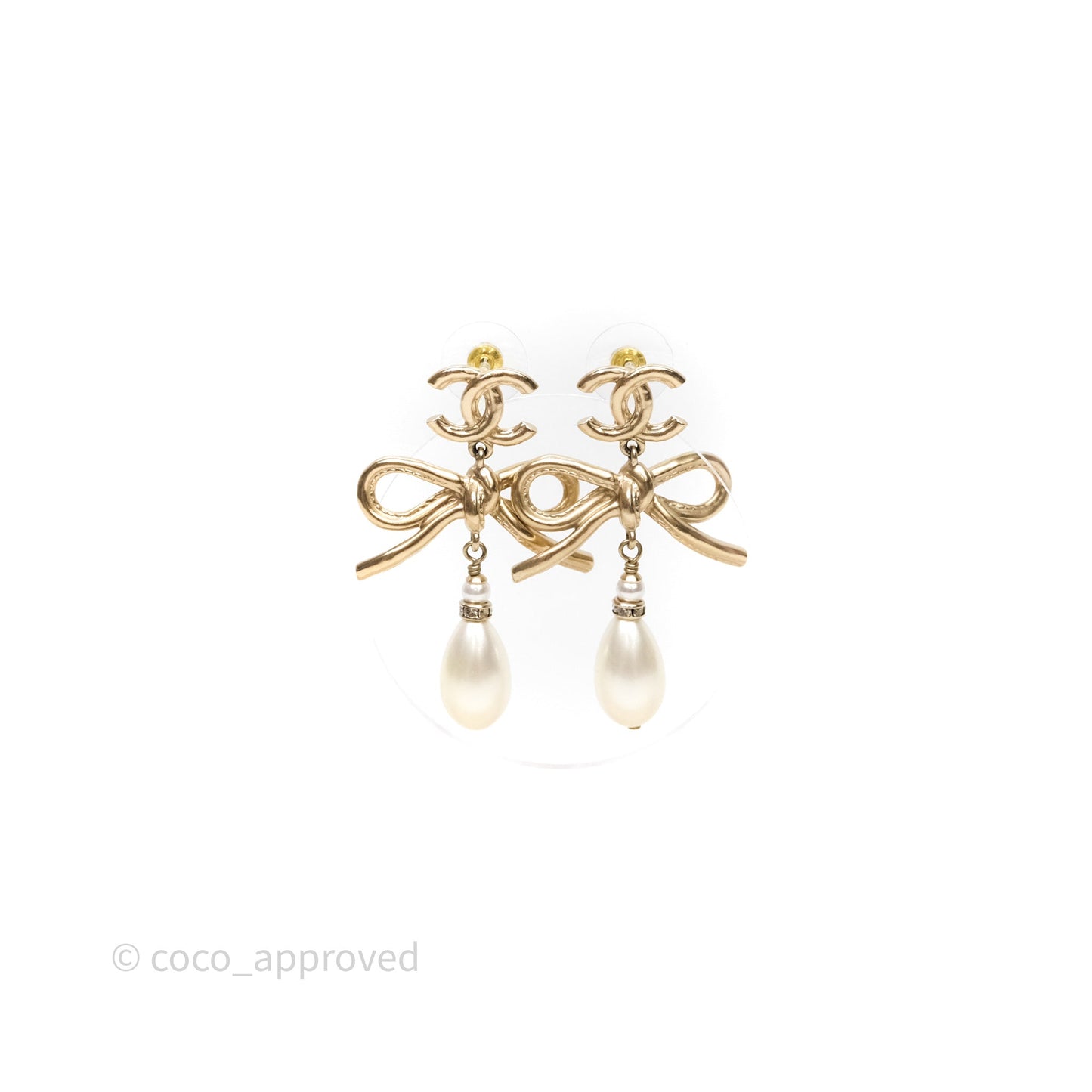 Chanel CC Pearl Drop Bow Earrings Gold Tone 22S