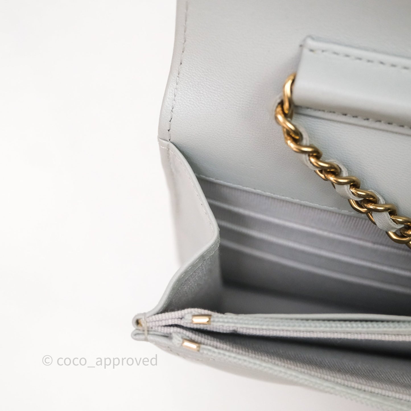 Chanel Classic Quilted Wallet on Chain WOC Grey Lambskin Gold Hardware