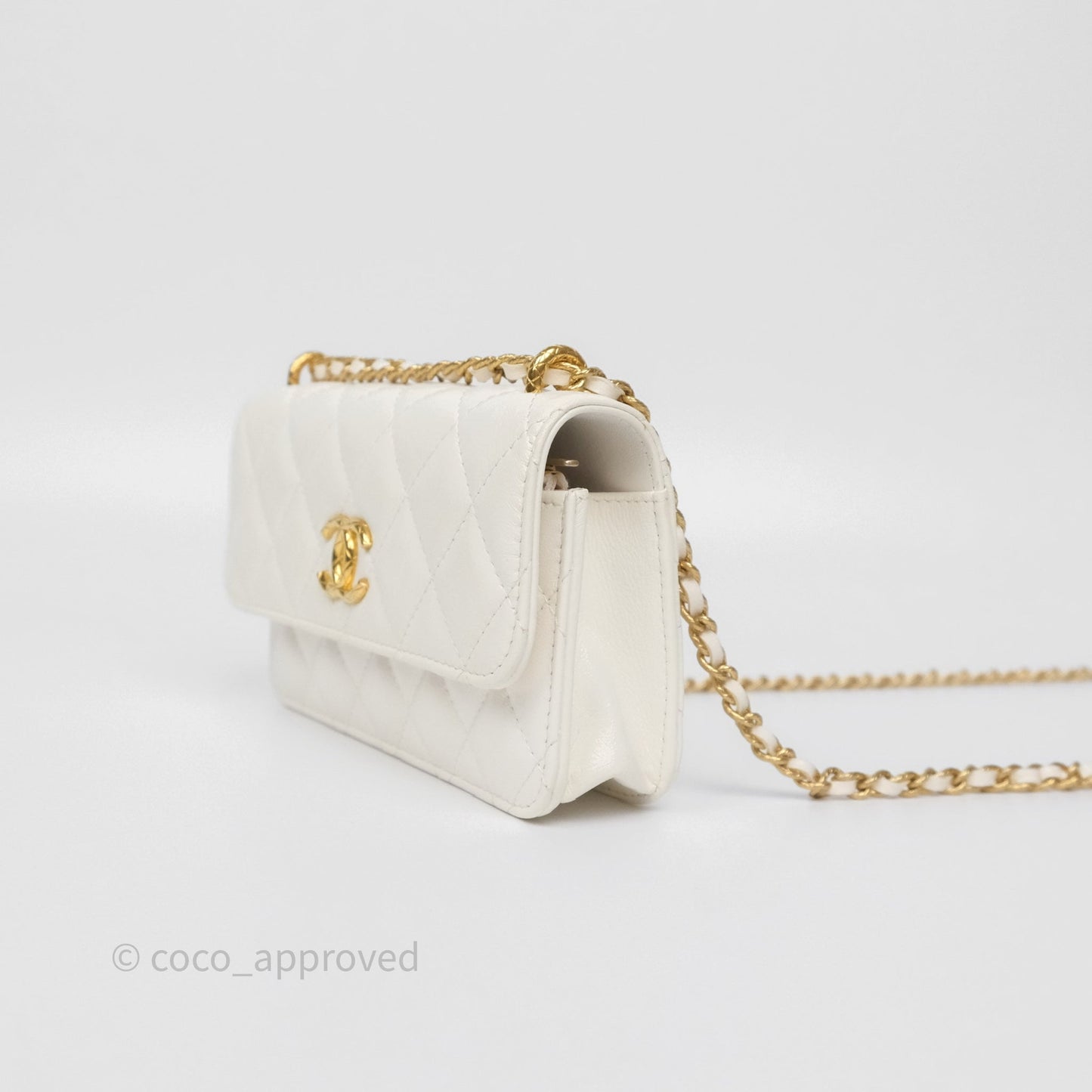 Chanel Dynasty Phone Holder with Chain White Ivory Lambskin Aged Gold Hardware